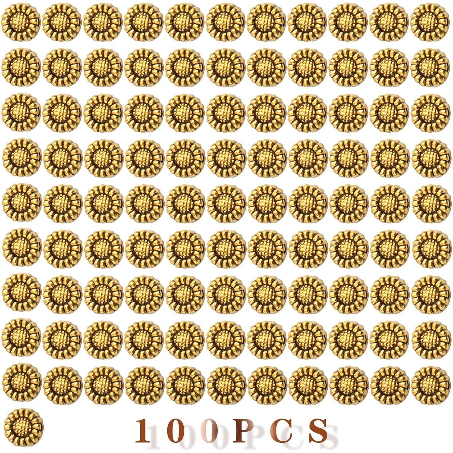 100pcs Antique Silver Sunflower Spacers Beads Tibetan Alloy Flower Bead Spacer Charm Beads Loose Bead Spacers for DIY Bracelet Necklace Jewelry Crafts Making Accessories