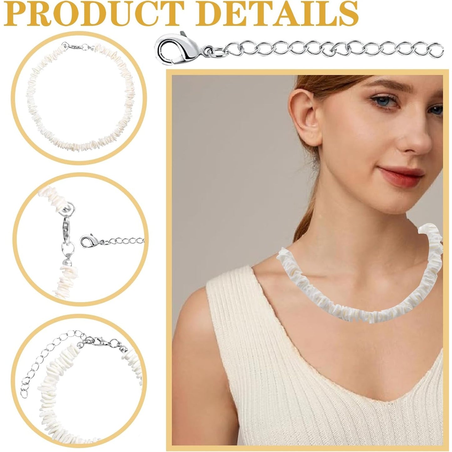 White Puka Shell Necklace Hawaiian Seashell Beach Surfer Choker Adjustable Handmade Beaded Summer Pooka Shells Clam Chips Necklace Bracelet Jewelry Set for Adult Teens Men Women