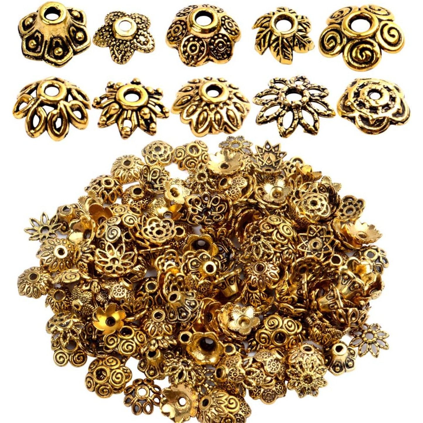 200pcs Antique Gold Bead Caps Spacer Beads Flower Bead Caps Bali Style for Necklace Bracelet,10 Styles