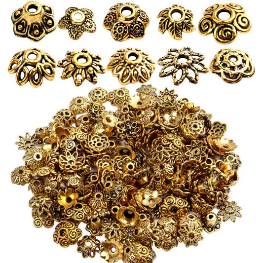 200pcs Antique Gold Bead Caps Spacer Beads Flower Bead Caps Bali Style for Necklace Bracelet,10 Styles
