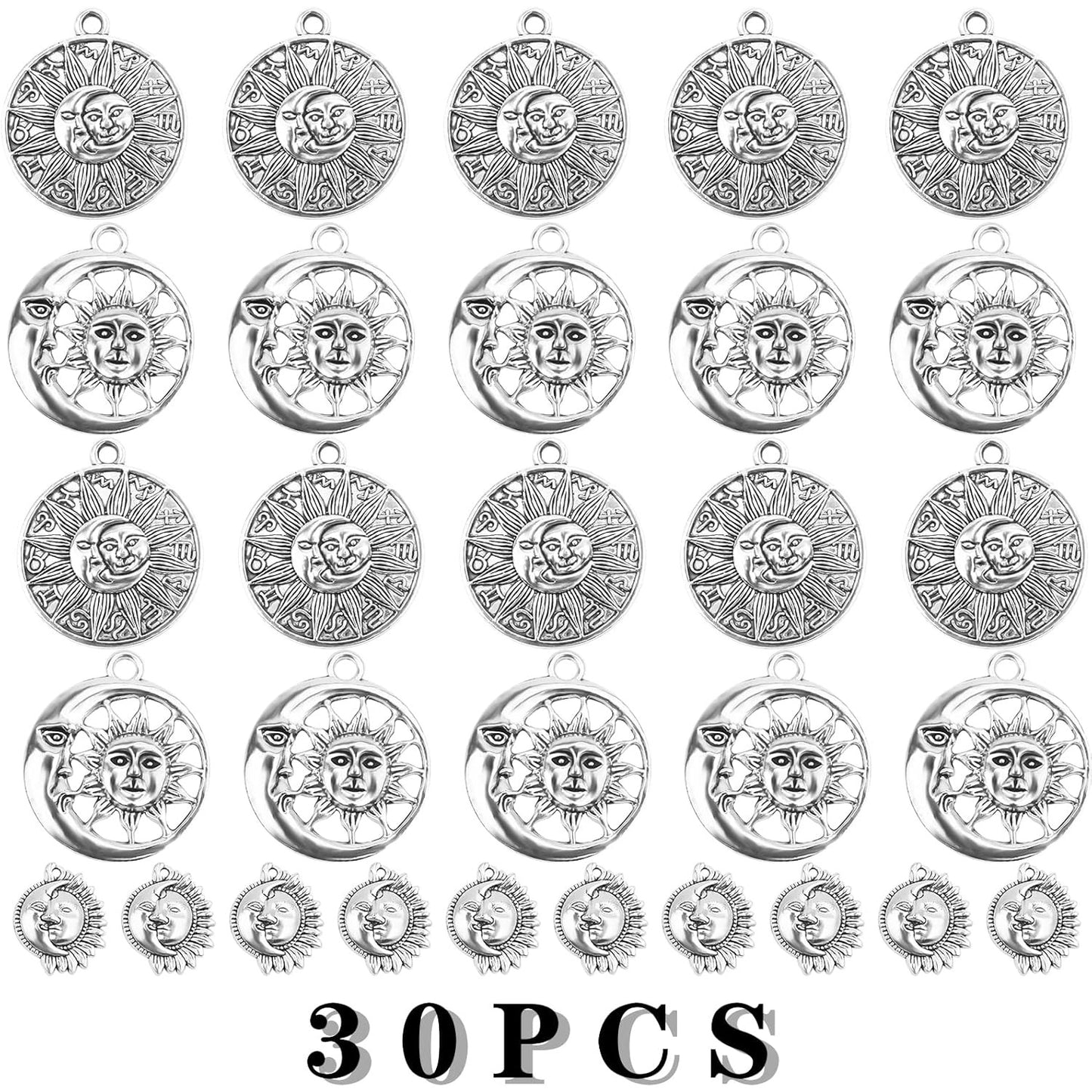 30pcs 3 Styles Sun and Moon Charms Vintage Alloy Sun Smile Face Pendants Celestial Dangle Charms for DIY Necklace Crafts Jewelry Making, Antique Silver
