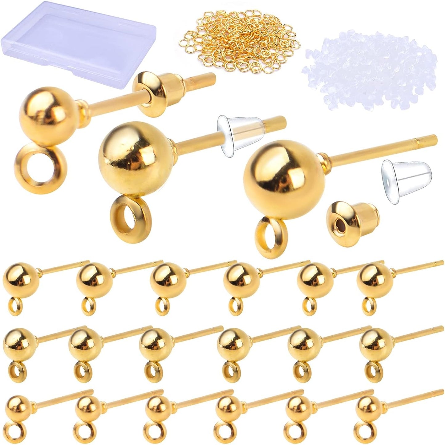 Ball Post Earring Studs,150pcs Gold Earring Spherical Round Earrings Hypoallergenic Ear Pins and 350pcs Earring Safety Backs and 200pcs Jump Rings and 1pcs Box,3mm/4mm/5mm