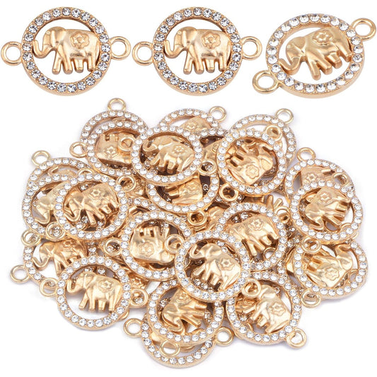 30pcs Golden Rhinestone Elephant Charms Connectors Creative Animal Elephant Double Hole Pendants Links Craft Supplies DIY Bracelet Necklace Keychains Jewelry Making