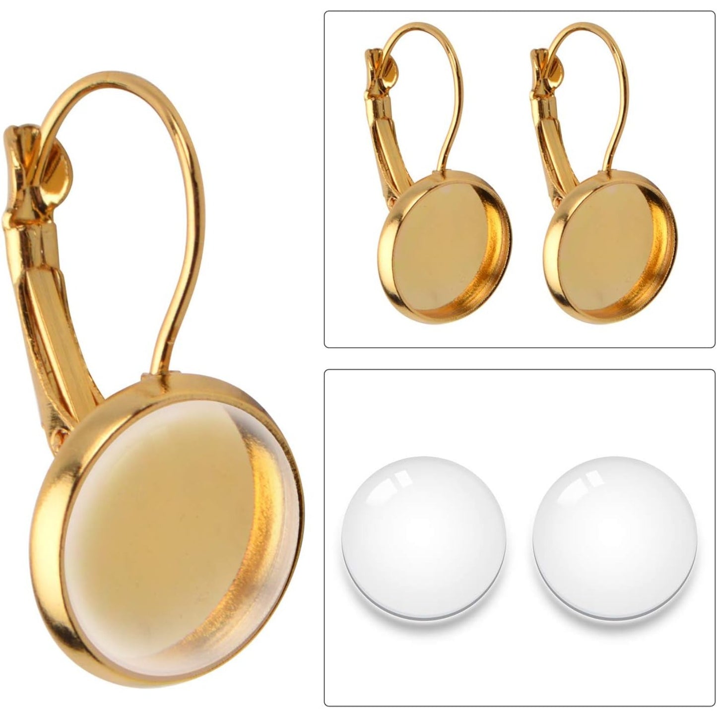 Leverback Earring Blanks, 20pcs Brass French Lever Back Earrings with 12mm Flat Round Cabochon Setting Tray and 20pcs Clear Glass Cabochons for DIY Earring Making