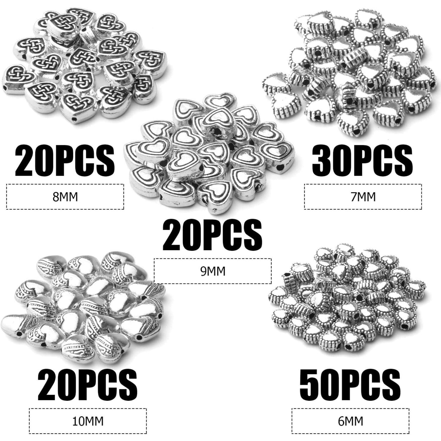 140pcs Antique Silver Heart Shape Spacers Alloy European Style Heart Beads Charms Spacer Bead Jewelry Heart Charms for DIY Bracelet Jewelry Making, 5 Sizes