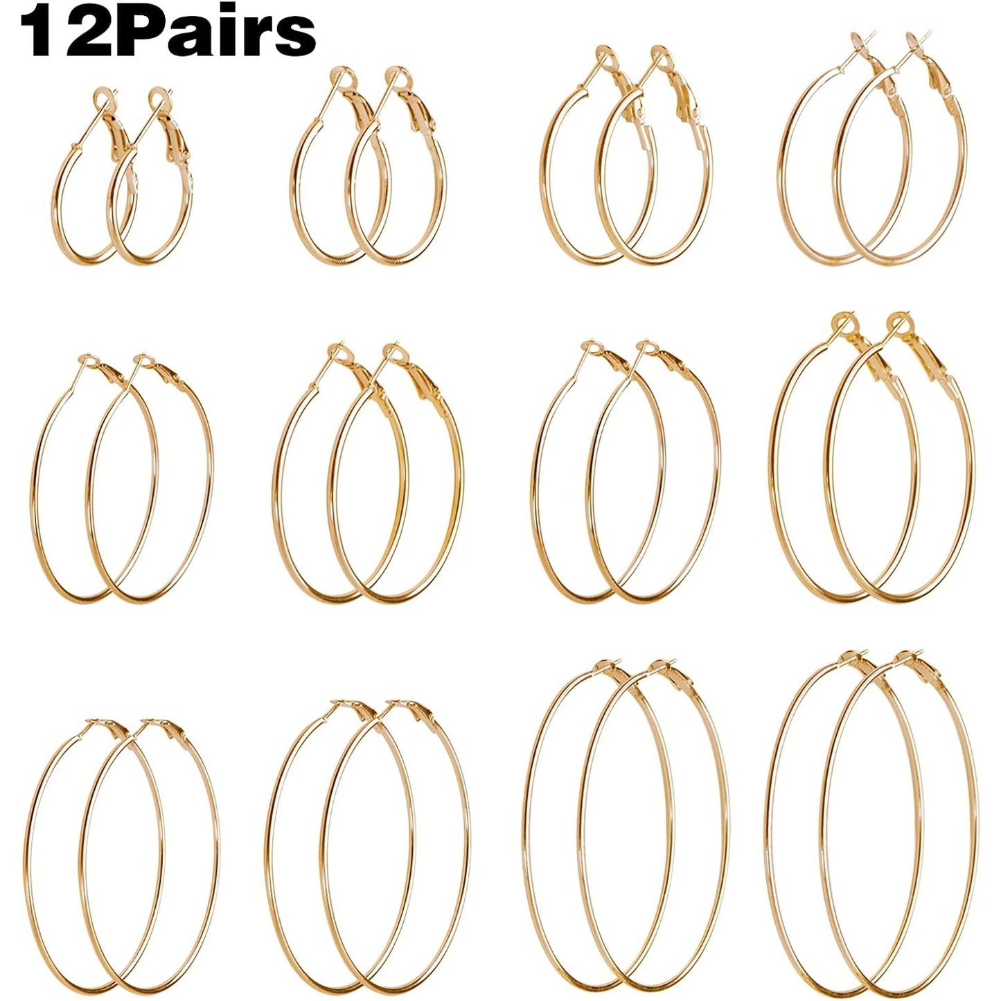 12 Pairs Hoop Earrings Set Big Circle Earrings Round Hoop Earrings Findings Fashion Jewelry for Women Girls, Gold, Dia 2-7.5cm