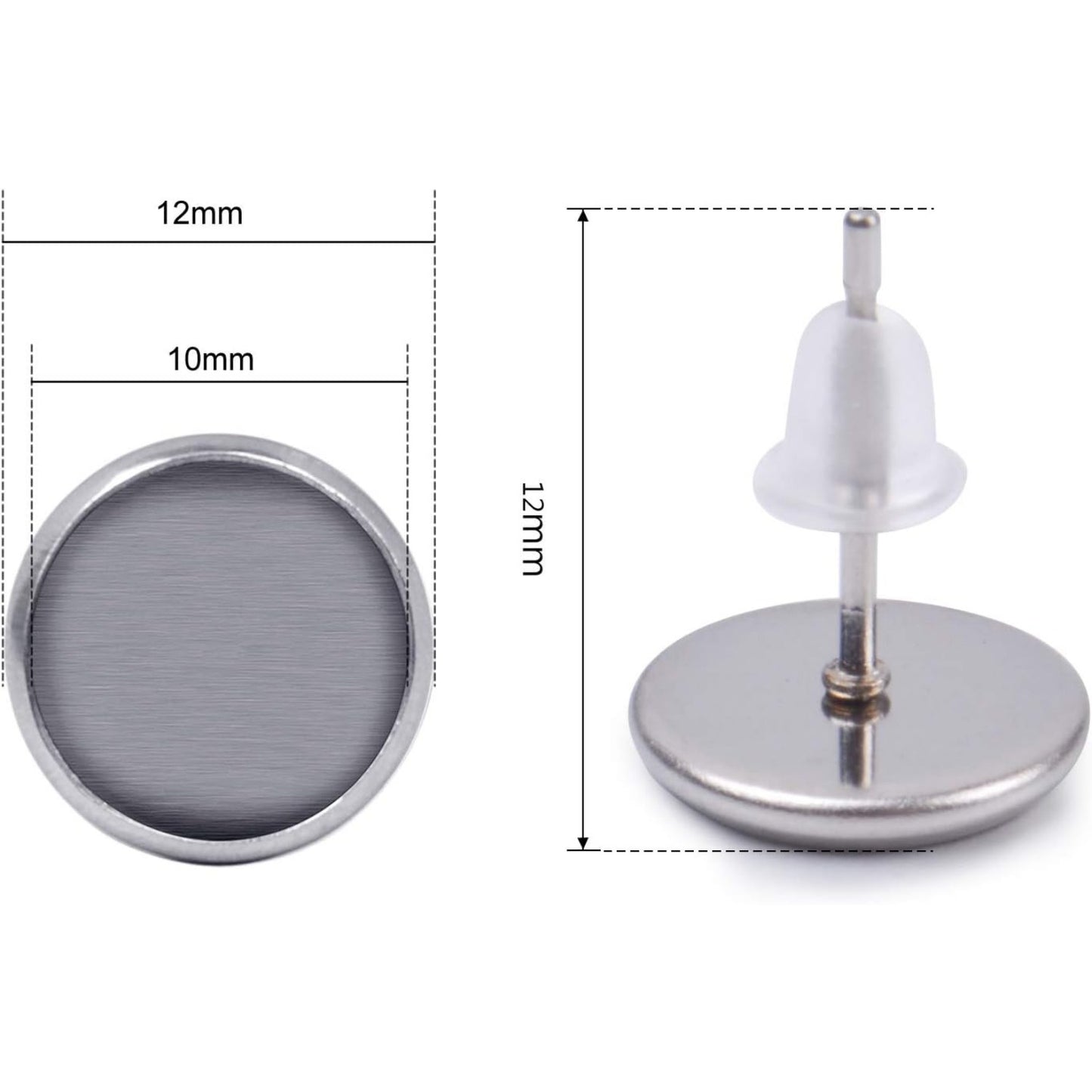 50 Pieces Stainless Steel Stud Silver Earring Cabochon Setting Post Cup for 10mm and 50 Pieces Clear Rubber Earring Safety Backs
