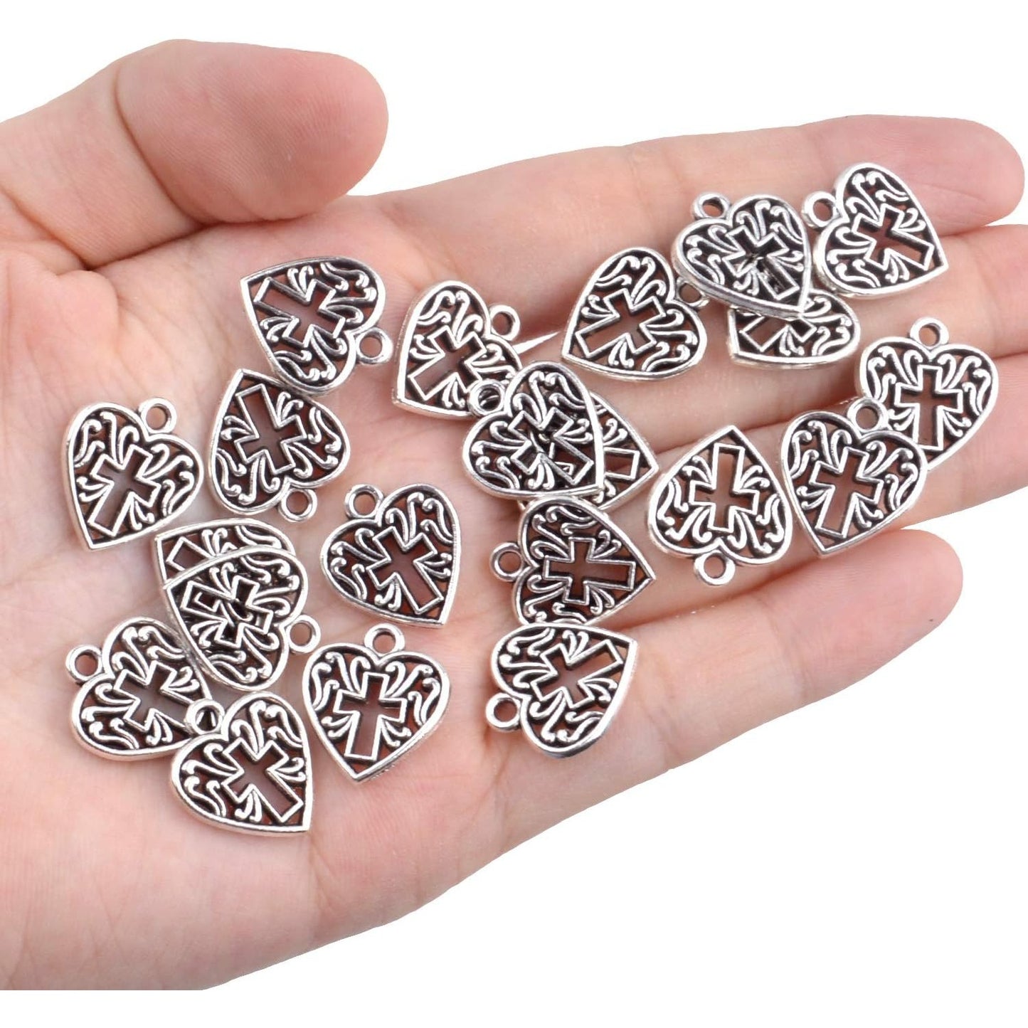 Heart Cross Charms, 50 Pieces Alloy Metal Love Heart with Cross Charms Pendants for Making Bracelet Necklace - Antique Silver