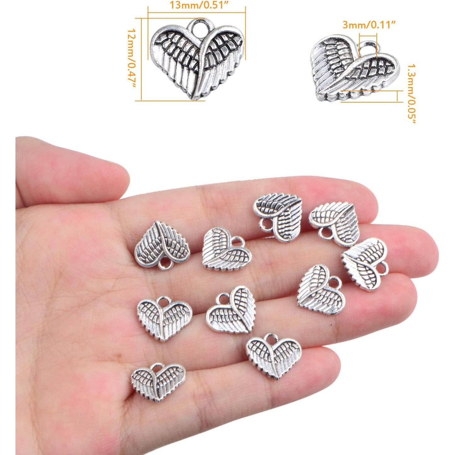100pcs Antique Silver Angel Wings Feathers Charms Vintage Alloy Heart Shape Angel Wing Dangle Pendants for DIY Bracelet Necklace Jewelry Making Supplies Gifts