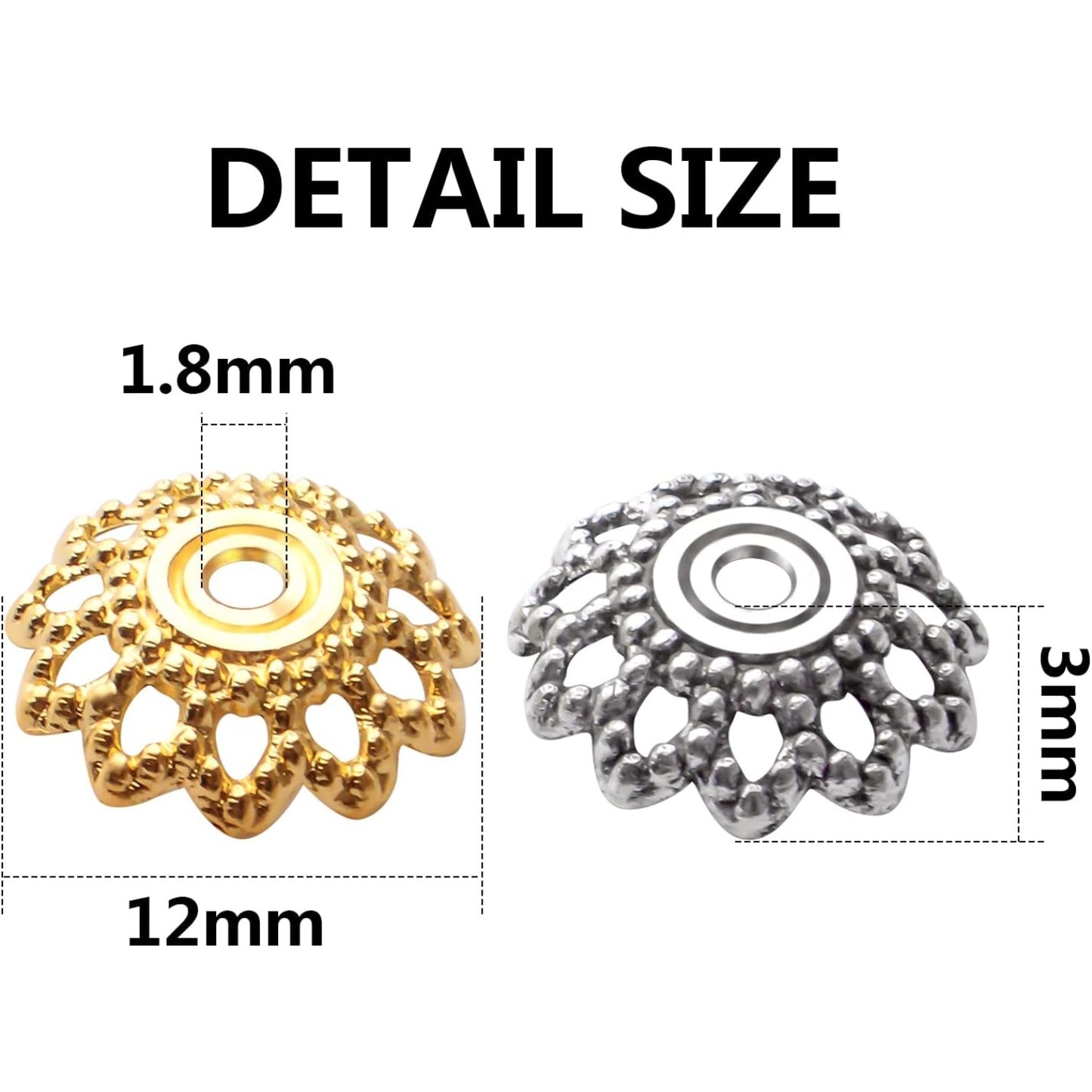 200pcs 12mm Flower Filigree Bead Caps Alloy Spacer Beads Caps Flower End Caps Loose Beads for Bracelet Necklace DIY Jewelry Making Crafts Supplies