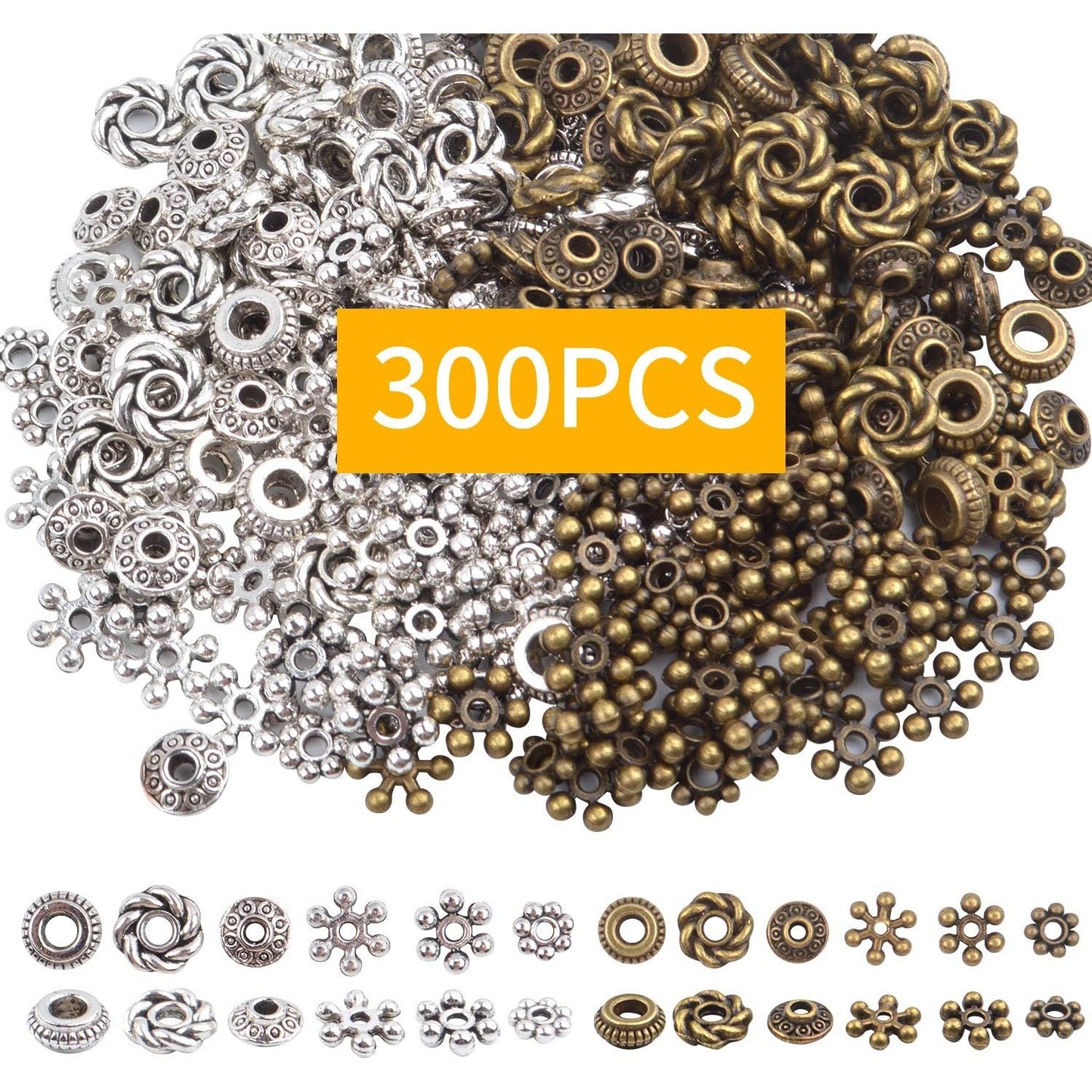 Tibetan Spacer Beads, 300 Pieces Alloy Beads Jewelry Findings for Bracelet Necklace Jewelry Making, 6 Styles, Antique Silver and Bronze