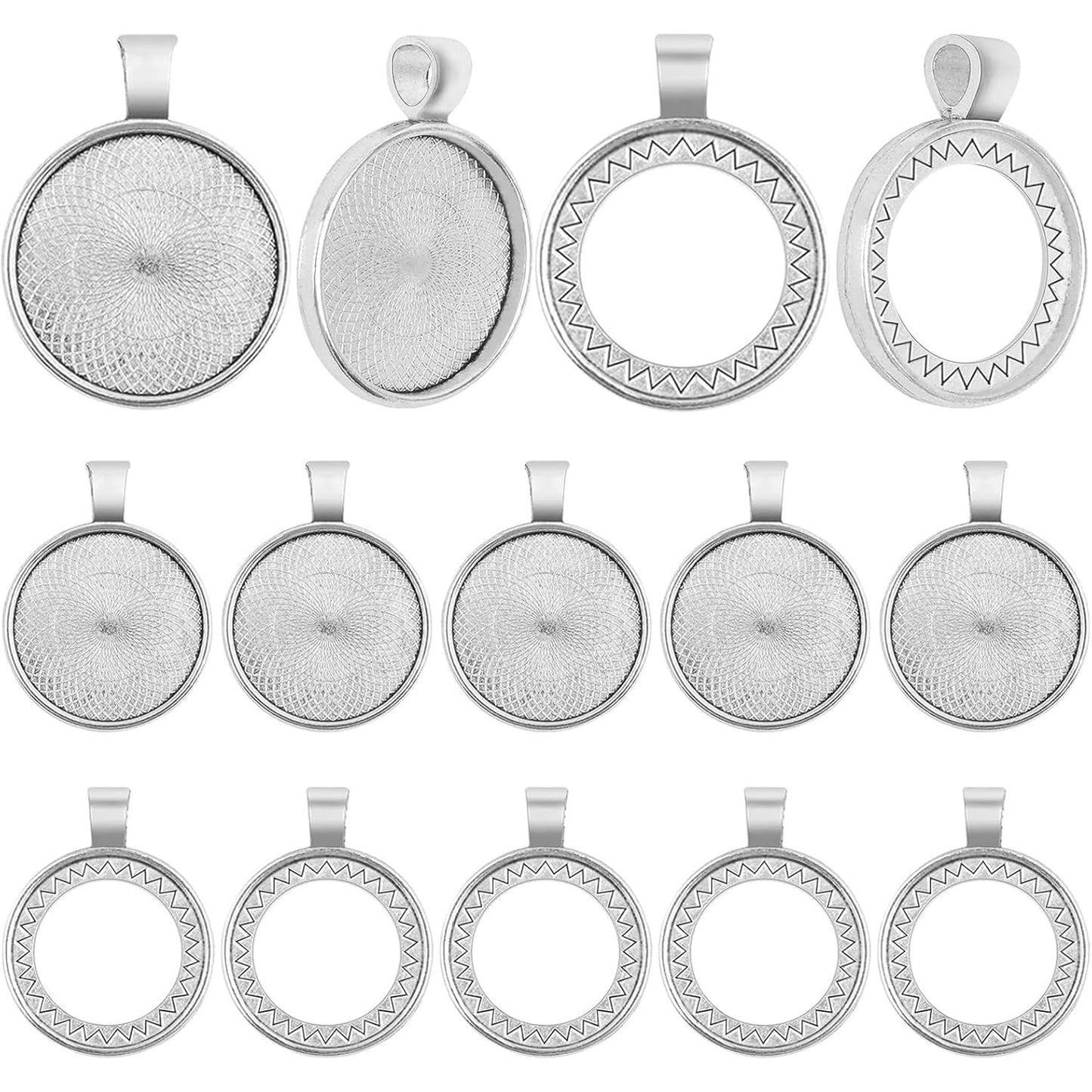 20pcs Antique Silver Round Bezel Pendant Trays Blank Base Cabochon Settings for DIY Photos Necklace Jewelry Making Crafting Supplies, 2 Styles, Inner Diameter: 25 mm