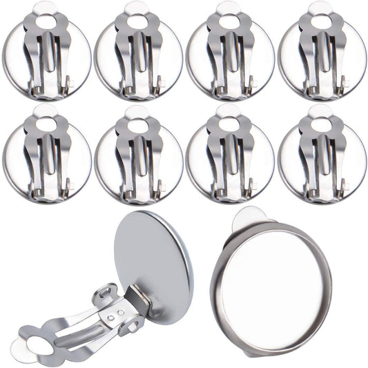 Clip-on Earring Converters, 20pcs (10 Pair) Flat Round Earring Trays 12mm Earring Cabochon Setting Converter for Non Pierced Ears Earring Making - Silver