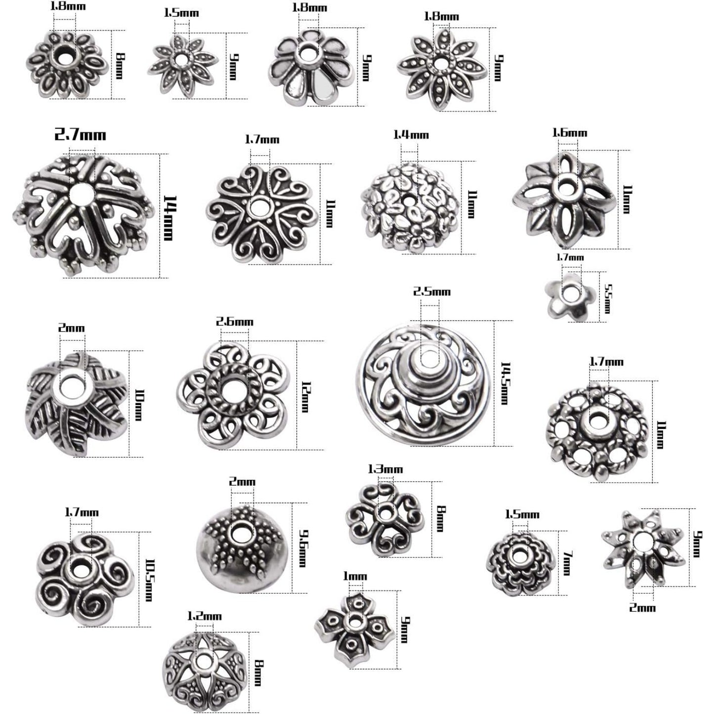 200pcs Tibetan Silver Flower Bead Caps Bead Caps Spacer Beads Bali Style Jewelry Findings for Necklace Bracelet,20 Styles