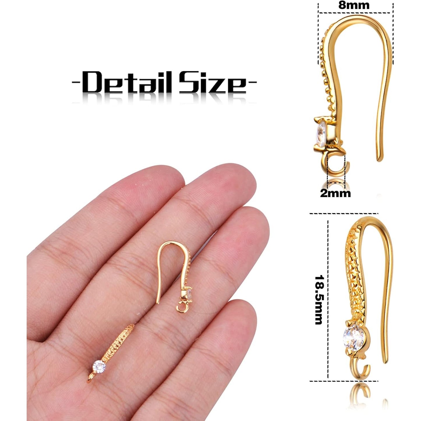 10pcs Gold Plated Brass Cubic Zirconia Earring Hooks French Fish Hooks Ear Wires with Loops Dangle Earrings Connectors for DIY Jewelry Crafts Making Party Festival Christmas Favor