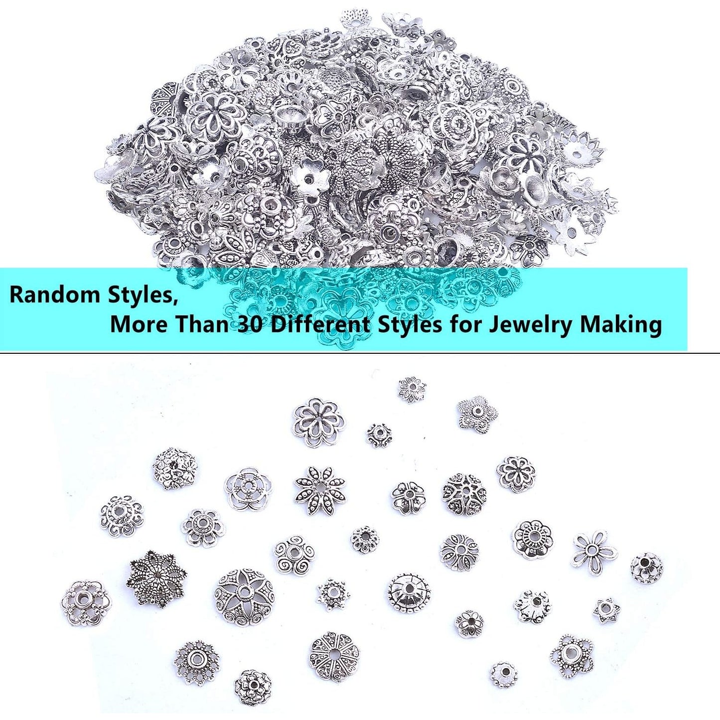 120g Bead Caps with A Clear Storage Box, Tibetan Silver Beads Spacers Jewelry Findings Accessories for Jewelry Making 300-350 Pieces