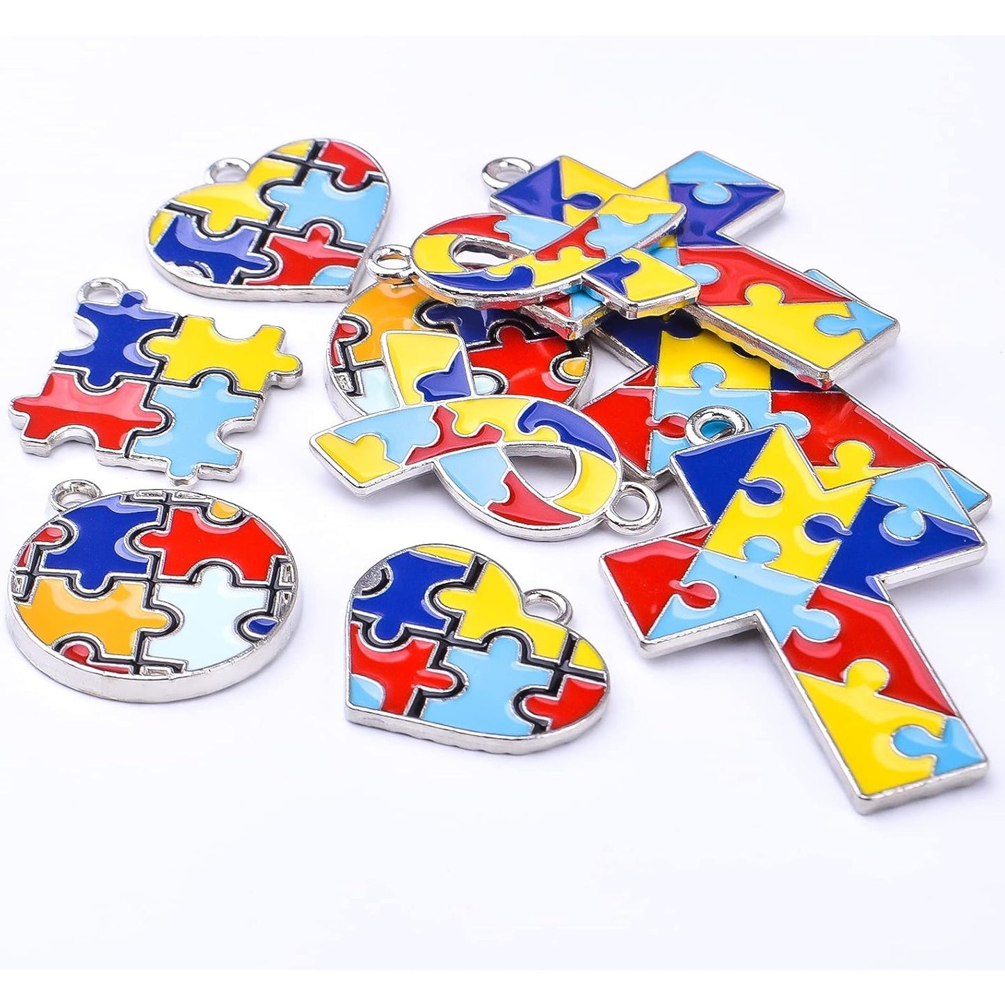 20pcs Autism Charms Pendants Ribbon Heart Round Square Cross with Puzzle Shape Charms Enamel Colorful Enamel Autistic Awareness Pendants for DIY Necklace Bracelet Earrings Jewelry Making Supplies