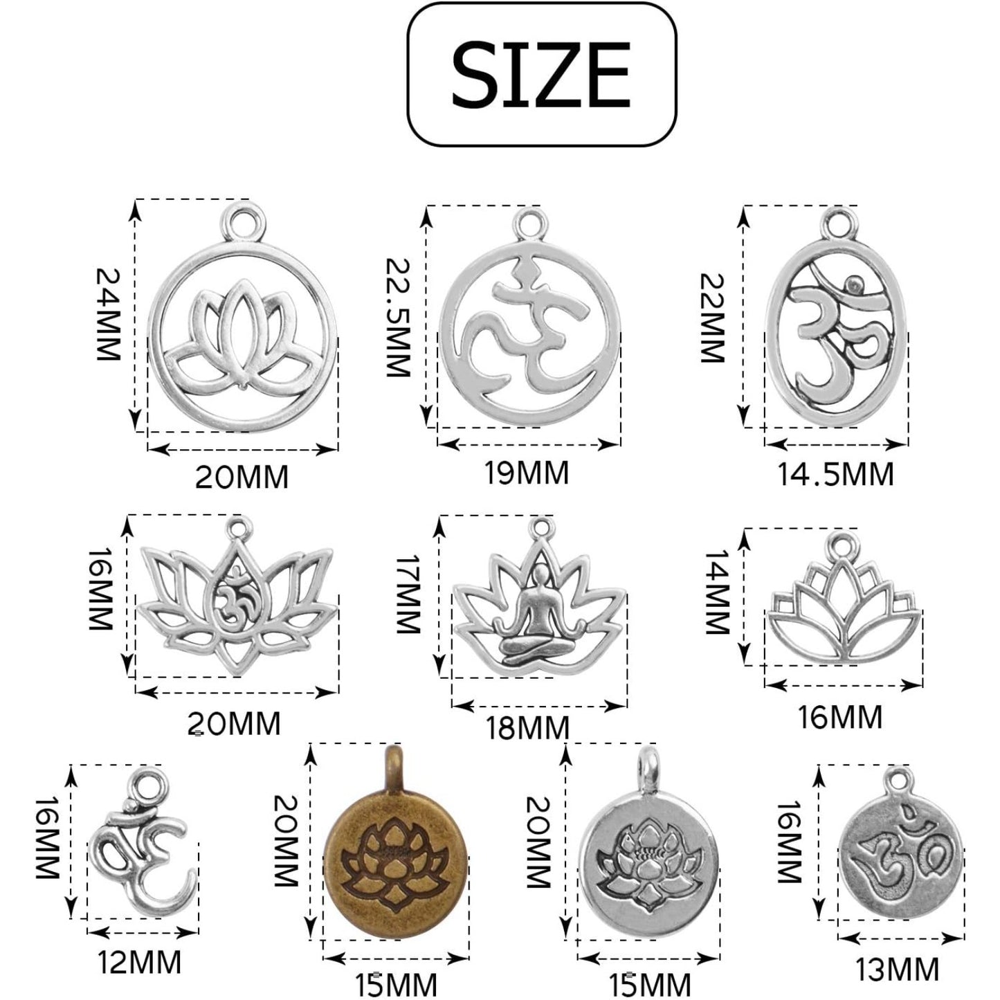 50pcs Antique Yoga OM Lotus Flower Styles Charms Mixed Pendants Findings for Jewellery Making Necklace Bracelet Crafts,10 Styles