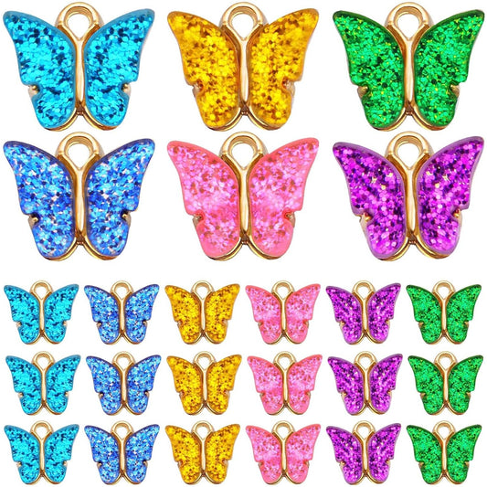 30pcs 6 Colors Acrylic Butterfly Charms Metal Butterfly Dangle Pendants with Starry Sky Sequins and a Box for DIY Jewelry Making Supplies Handmade Decoration, Hole: 2.5 mm