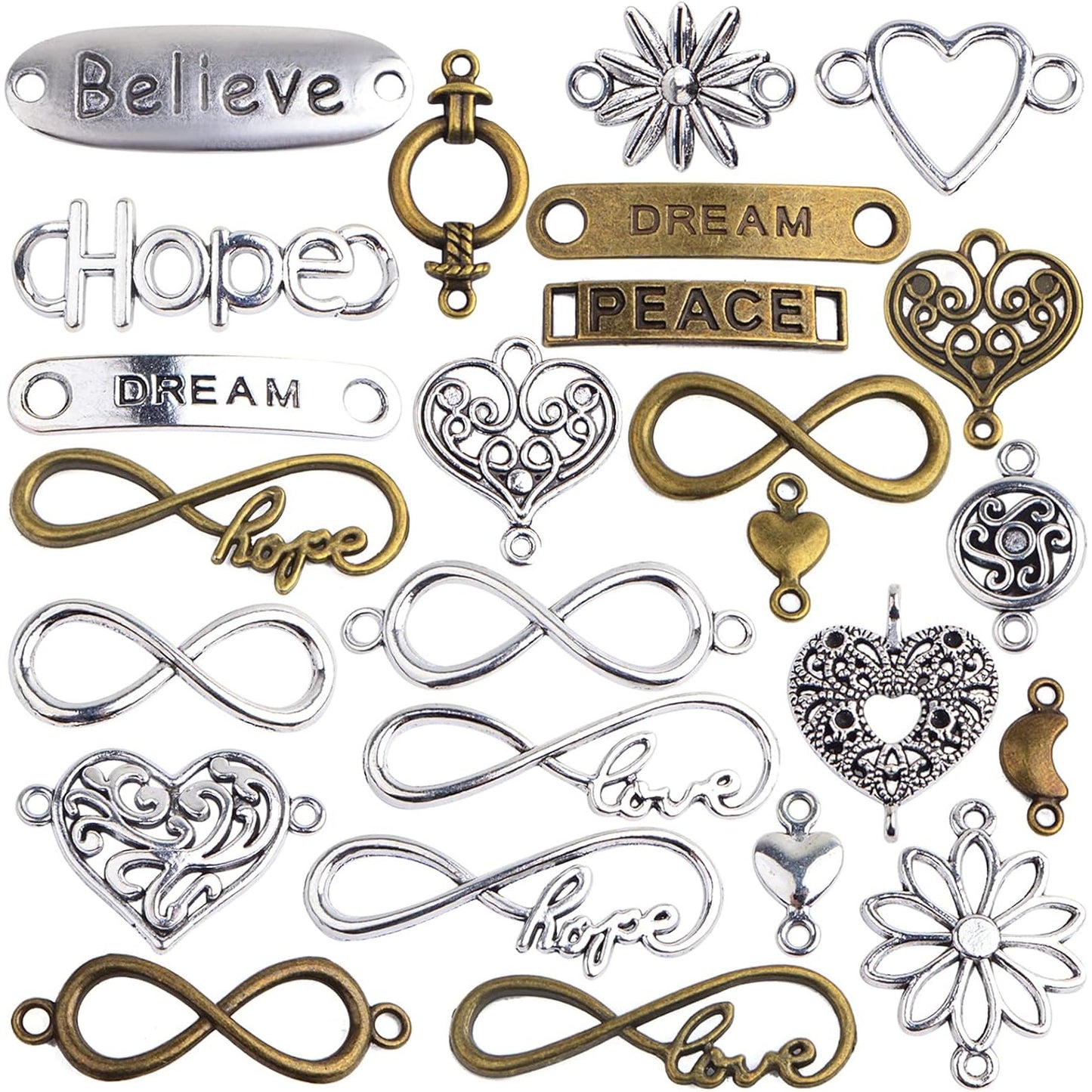 50 Pieces Mixed Word Letter Charms Connectors Tibetan Alloy Infinity Symbol Love Heart Pendant Links for DIY Necklace Bracelet Jewelry Making Findings, 2 Colors