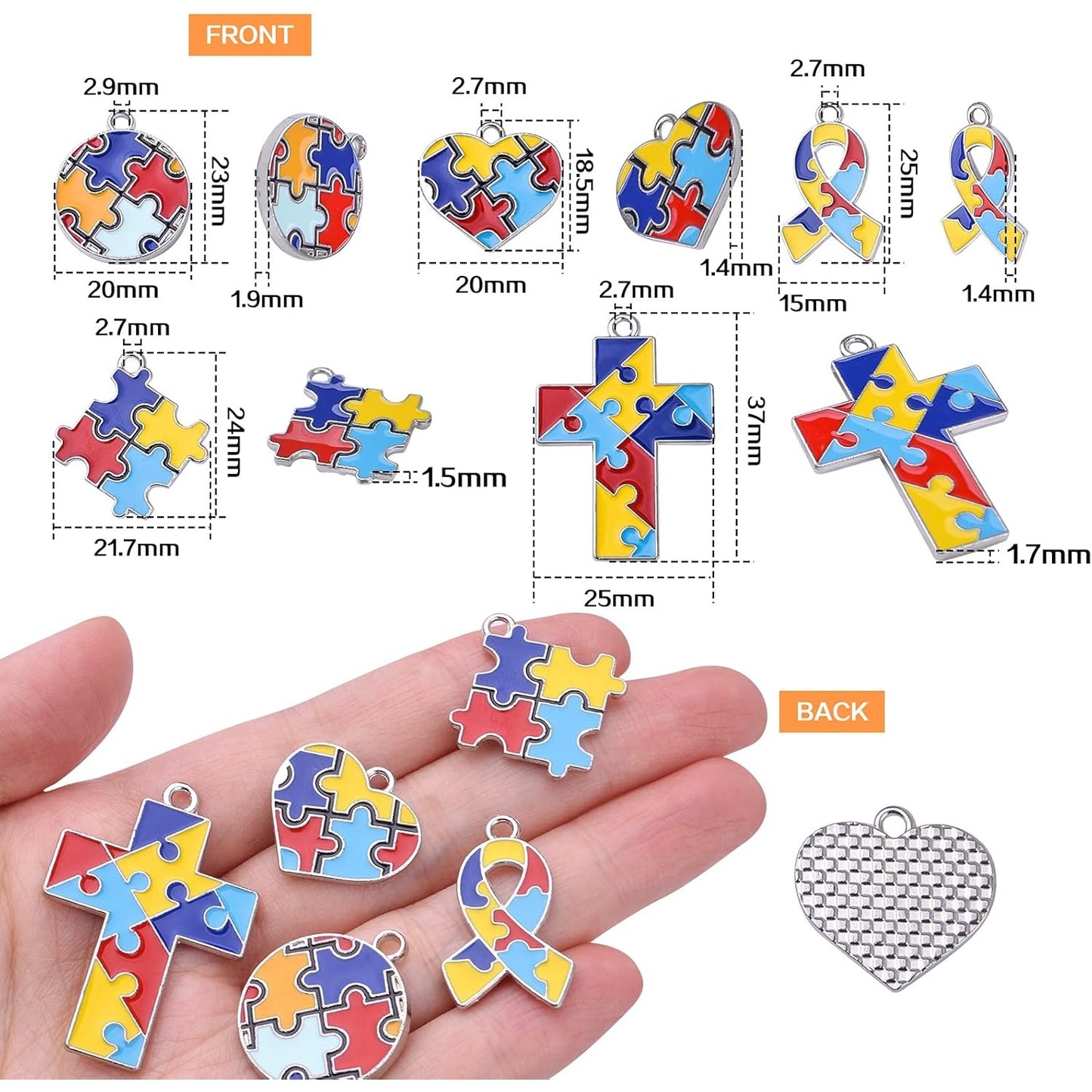 20pcs Autism Charms Pendants Ribbon Heart Round Square Cross with Puzzle Shape Charms Enamel Colorful Enamel Autistic Awareness Pendants for DIY Necklace Bracelet Earrings Jewelry Making Supplies