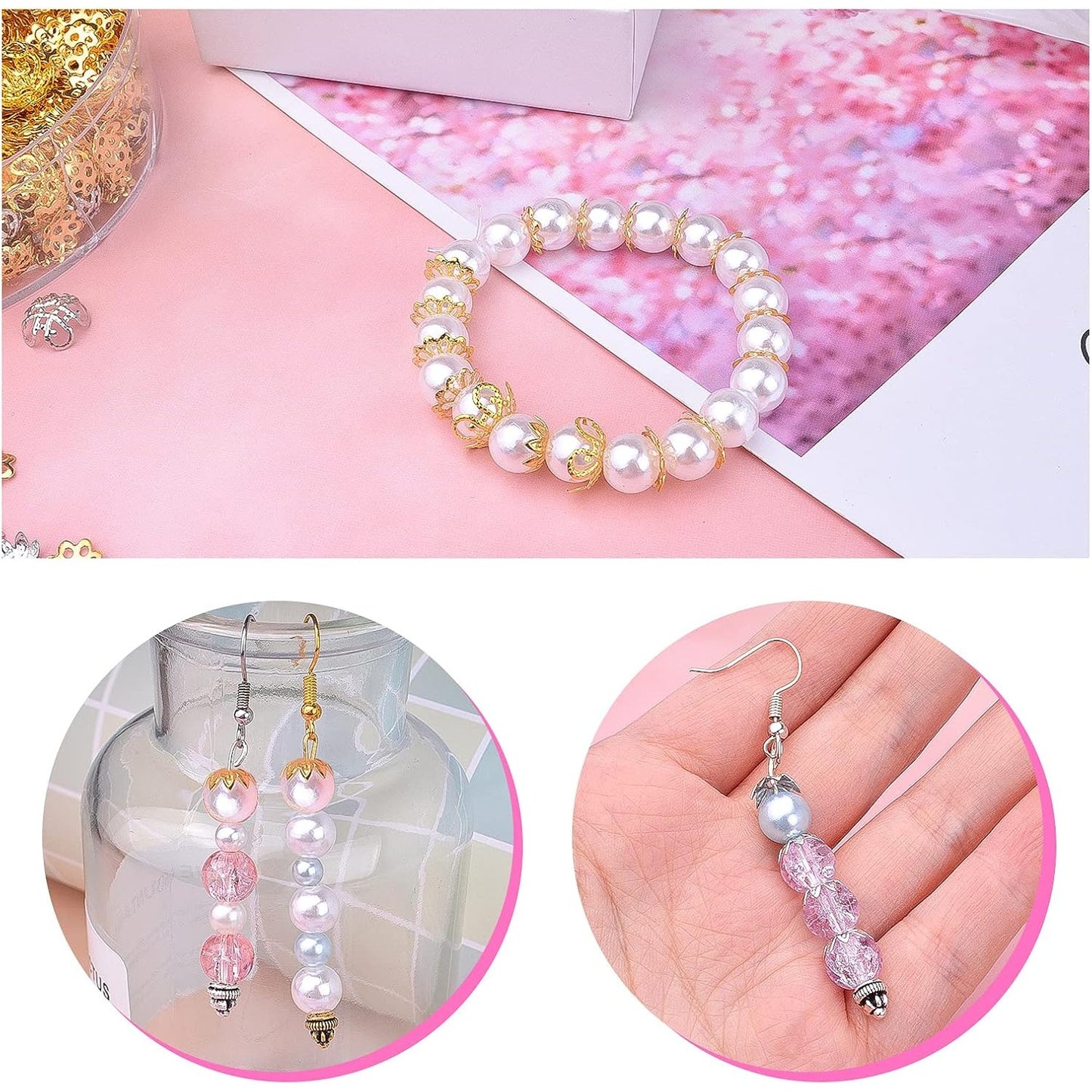 2000pcs Filigree Flower Bead Caps Alloy Hollow Spacer Beads Caps for DIY Charm Bracelet Earrings Craft Jewelry Making Supplies Birthday Christmas Party Favor Gifts, 4 Styles, 2 Colors