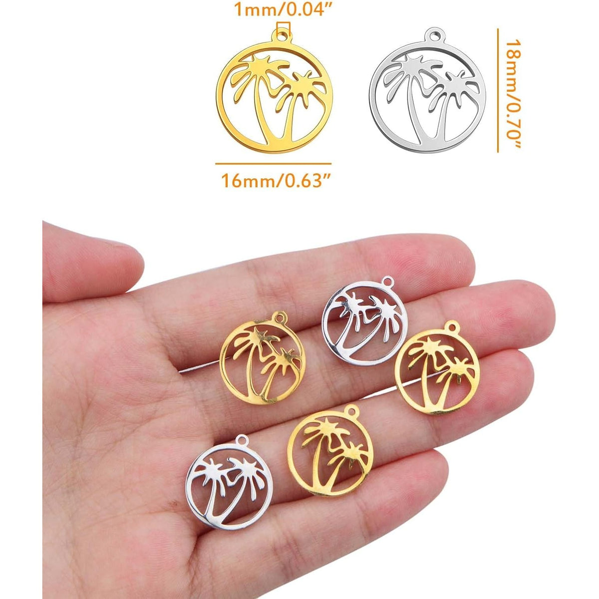 10pcs 2 Colors Stainless Steel Round Ring with Coconut Tree Charms Hypoallergenic Hawaii Tropical Plant Tree Pendants for DIY Necklace Bracelet Keychains Jewelry Making