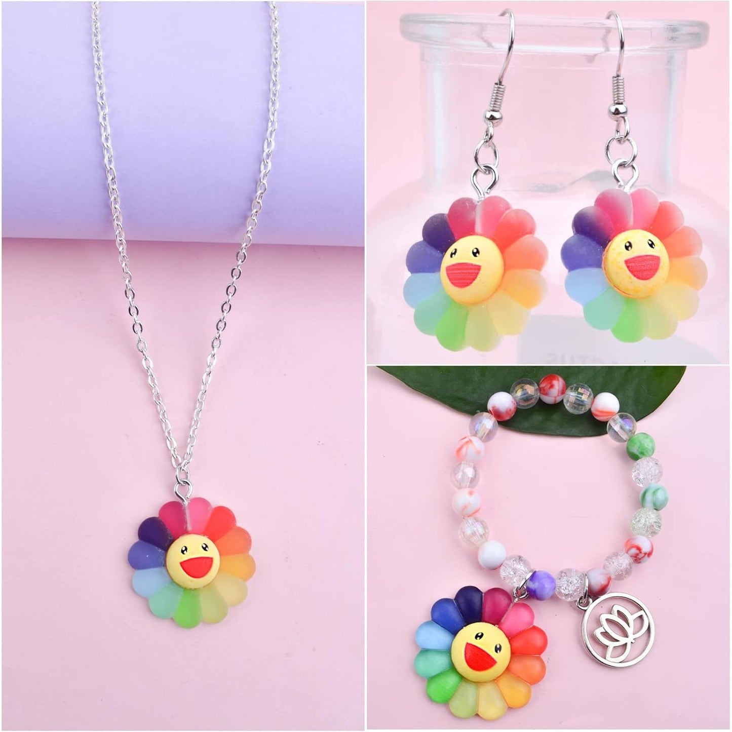 30pcs 3 Sizes Smiley Sunflower Charms Resin Sun Flower Dangle Pendants Smiley Face Charm Jewelry Accessories for DIY Bracelet Necklace Earrings Making