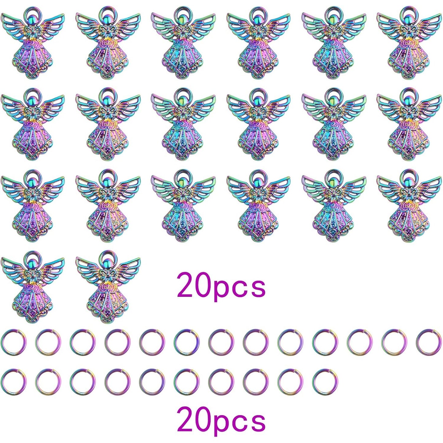 20pcs Alloy Angel Wing Pendant Charms Guardian Angel Pendant Ornaments and 20pcs Open Jump Rings for DIY Bracelet Necklace Keychains Jewelry Making, Rainbow Color