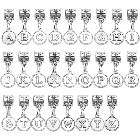 26pcs Letter Charms Alphabet A - Z Letter Charm Pendants with Bail Beads for Necklace Bracelets Jewelry Making,Silver