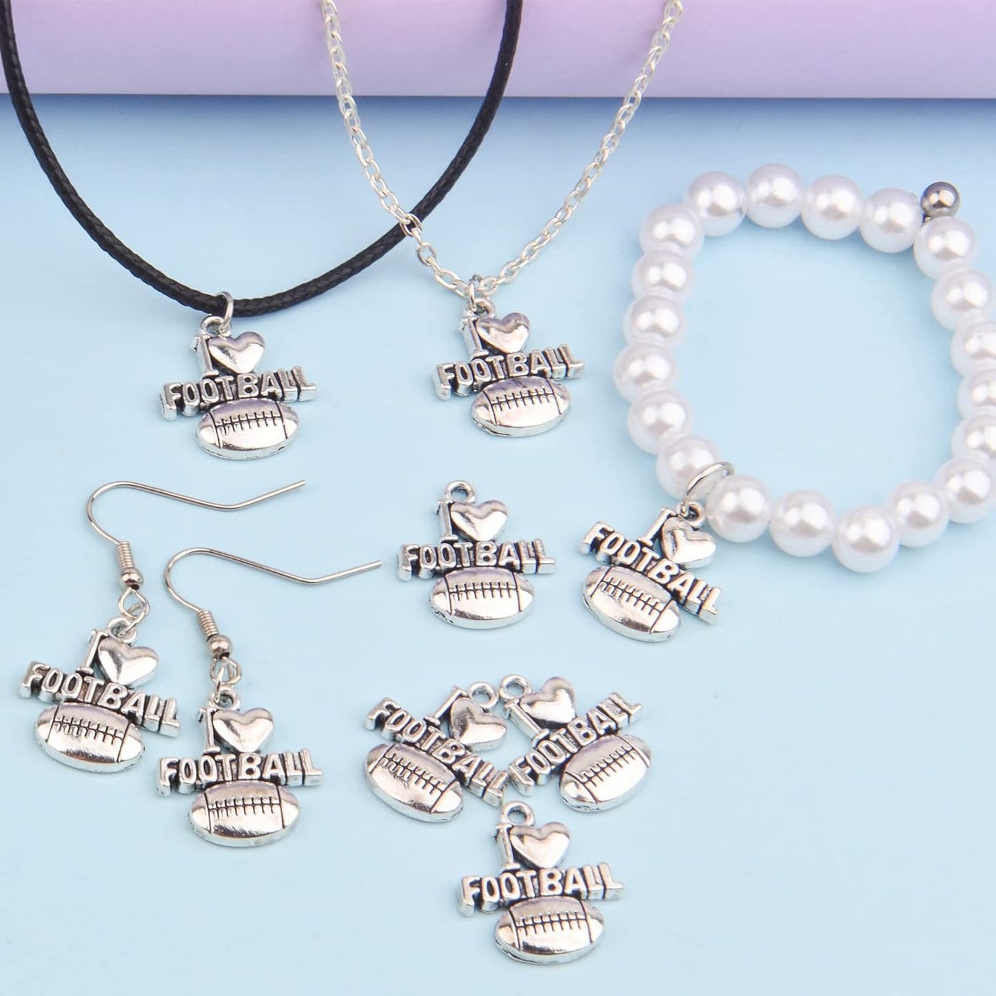 50 Pieces Antique Silver Football Charms Pendants Tibetan Alloy I Love Football Dangle Charms for DIY Necklace Crafts Jewelry Making