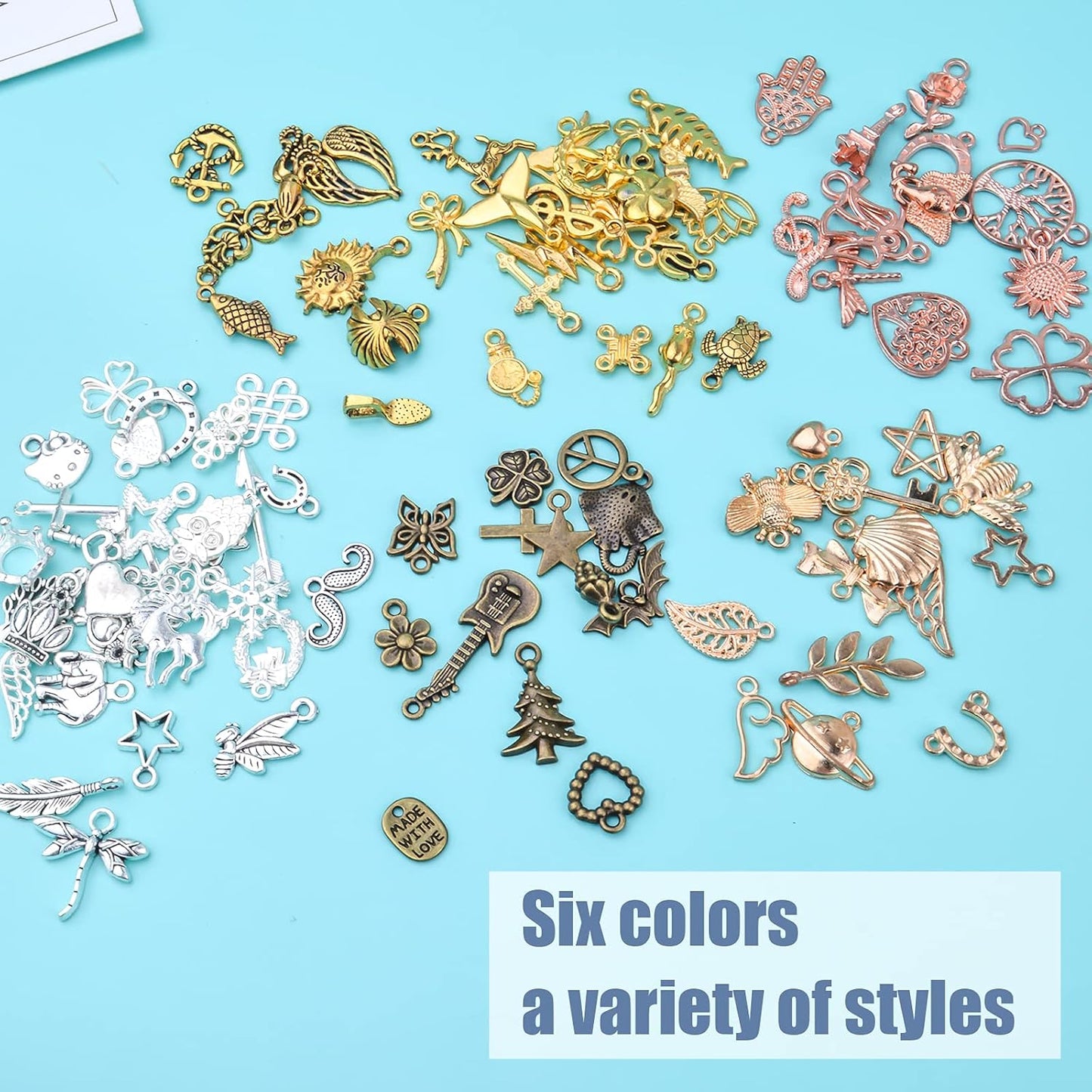 100pcs Craft Supplies Mixed Heart Star Animal Flower Branch Alloy Charms Pendants Bead Charm for Jewelry Making Bracelet Necklace, 7 Colors