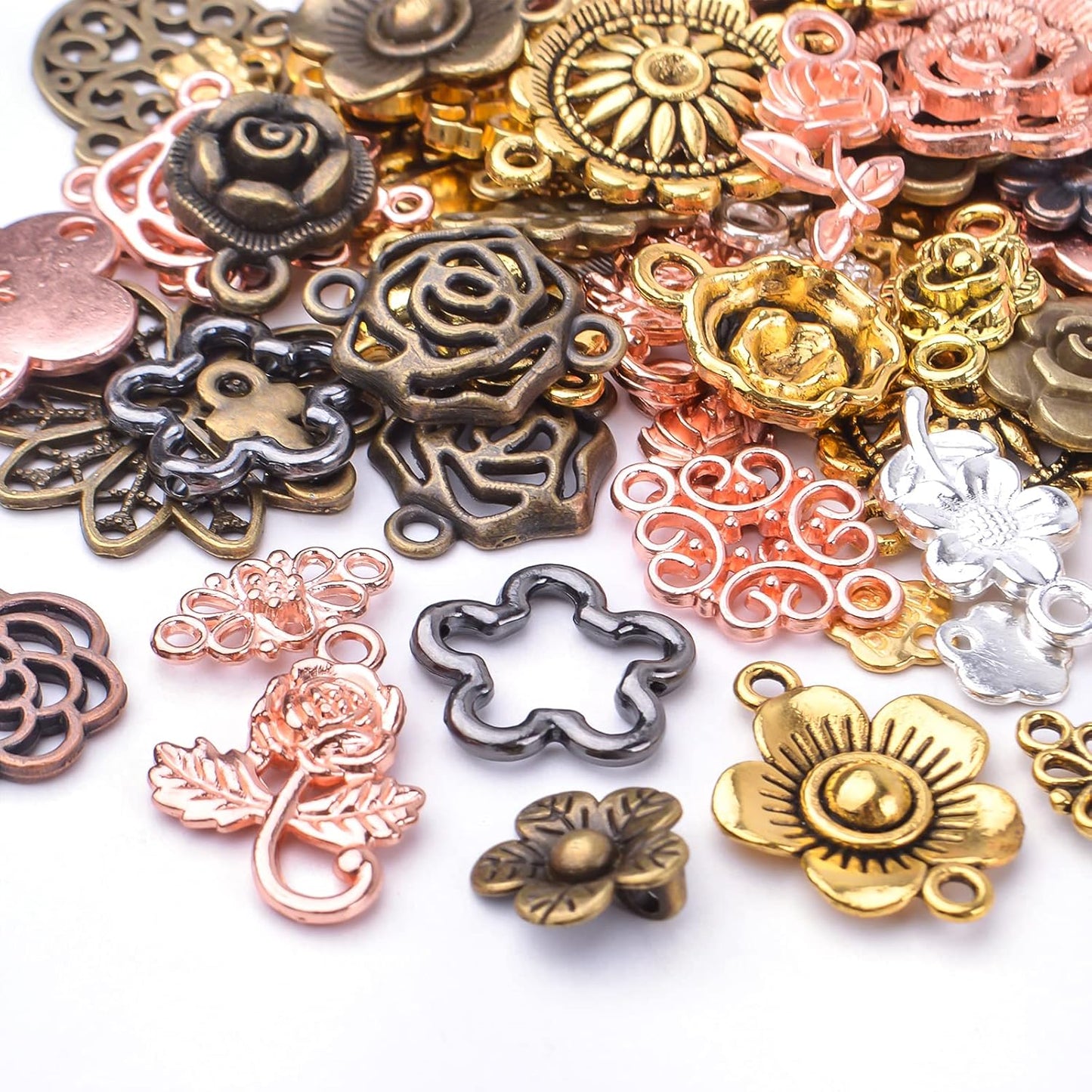 Flower Charms, 100g Craft Supplies Alloy Mixed Style Rose Life Flower Connector Links Charms Pendant Beads Charm for Jewelry Making Crafting Findings Accessory
