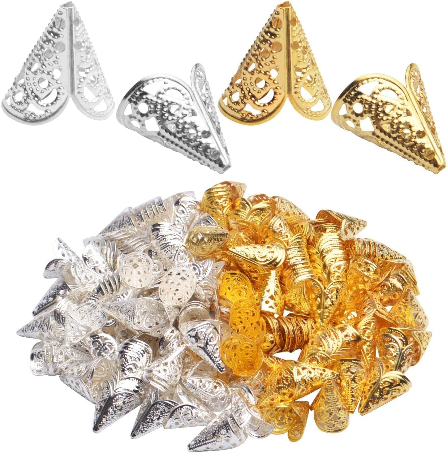 Bead Caps,200Pcs Filigree Cone Beads Cap Alloy Hollow Flower Bead Caps for Bracelet Jewelry DIY Craft Making