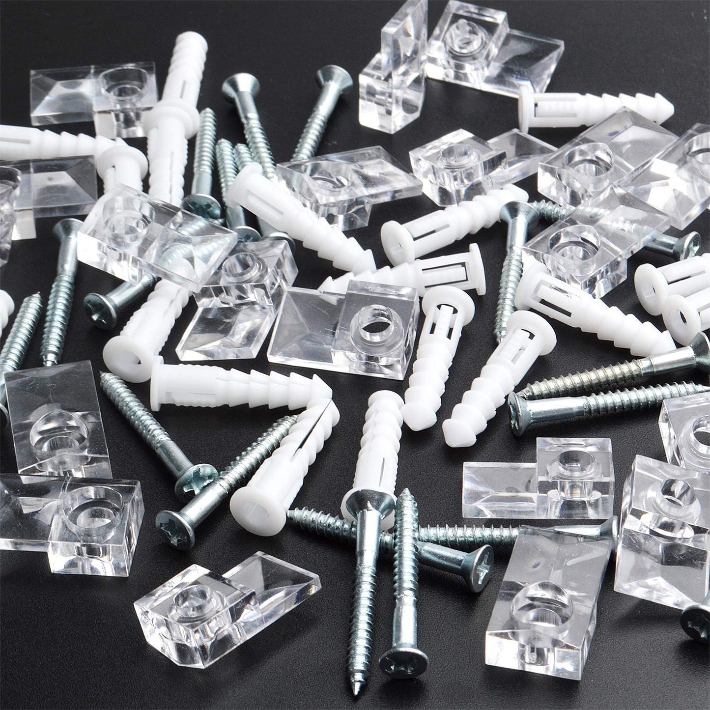 Mirror Panel Clips,20 Pack Plastic Mirror Holder Clips Transparent Mirror Retainer Clips Wall Mount Bracket Tool Kit with Screw and Anchor for Fixing Mirror Cabinet Door