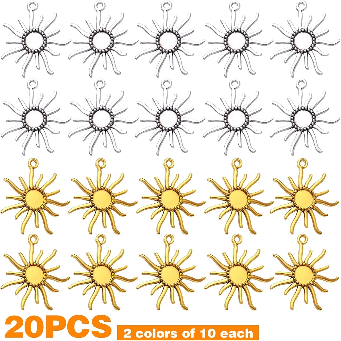 20pcs Sun Blank Round Pendant Trays Tibetan Alloy Base Cabochon Settings Bezel Frame Cameo Tray Charms for Crafts Jewelry Making Projects, 2 Colors, 12 mm Inner Diameter