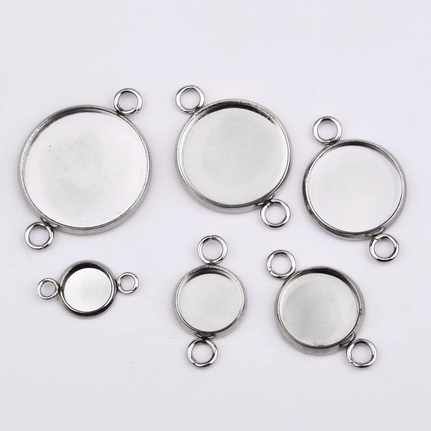 24pcs Stainless Steel Round Blank Bezel Pendant Cabochon Connectors Stud Earring Pendant Trays Blanks Links for DIY Jewelry Making Photo Resin Art Crafts, 6 Sizes