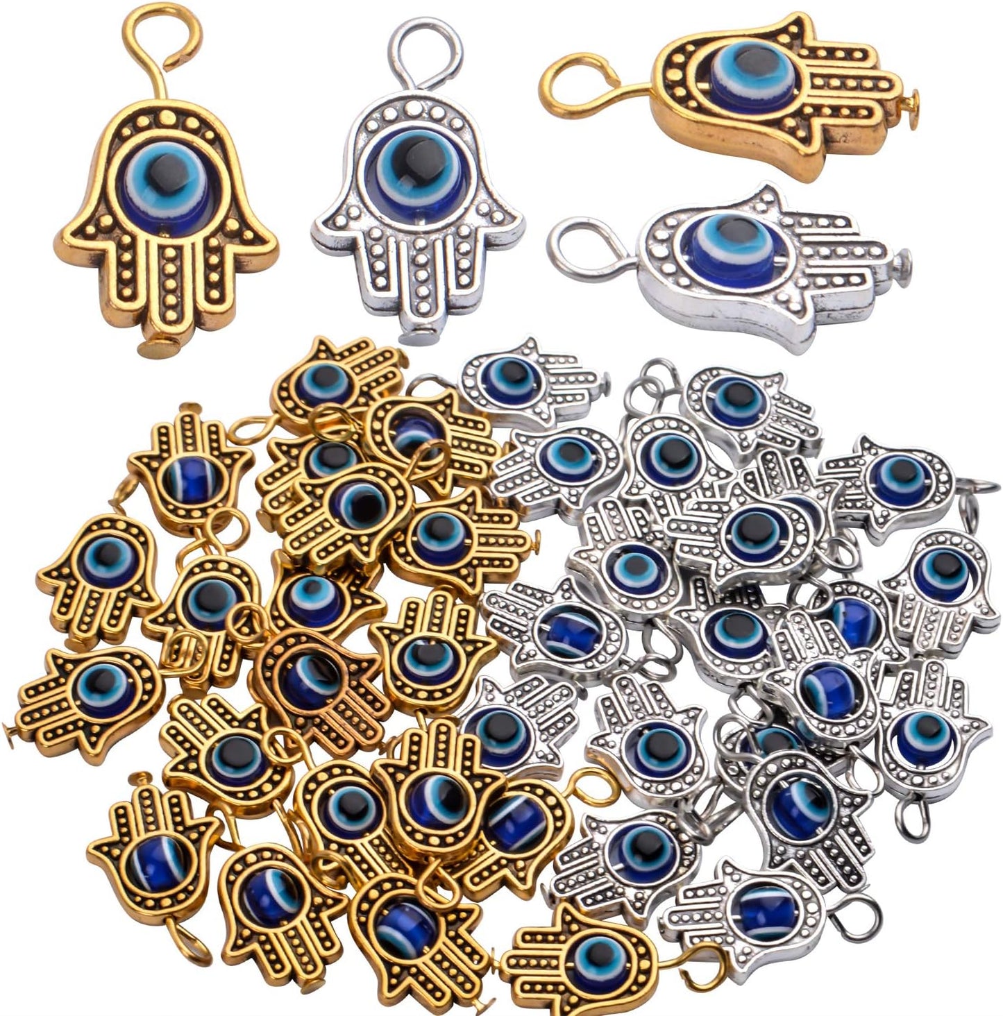 Hamsa Hand Beads Frame Charms,30 Pieces of Hamsa Evil Eye Pendant Hand of Fatima Symbol Charms Jewelry Making Findings for DIY Necklace Bracelet(Gold & Silver & Bronze)