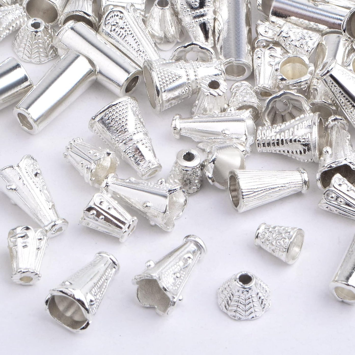 100 Gram (About 110-150pcs) Mixed Styles Cone Bead Caps Tibetan Alloy Flower Spacer Bead Caps Tassel End Caps for DIY Bracelet Necklace Jewelry Craft Making, Bright Silver