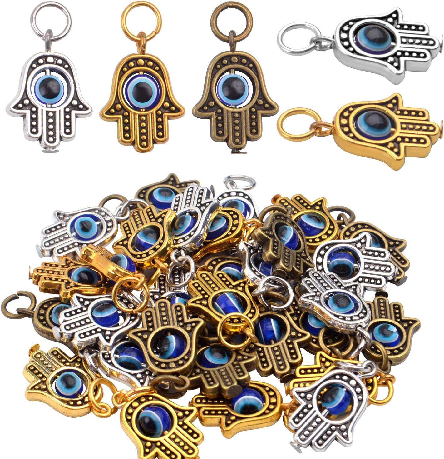 Hamsa Hand Beads Frame Charms,30 Pieces of Hamsa Evil Eye Pendant Hand of Fatima Symbol Charms Jewelry Making Findings for DIY Necklace Bracelet(Gold & Silver & Bronze)