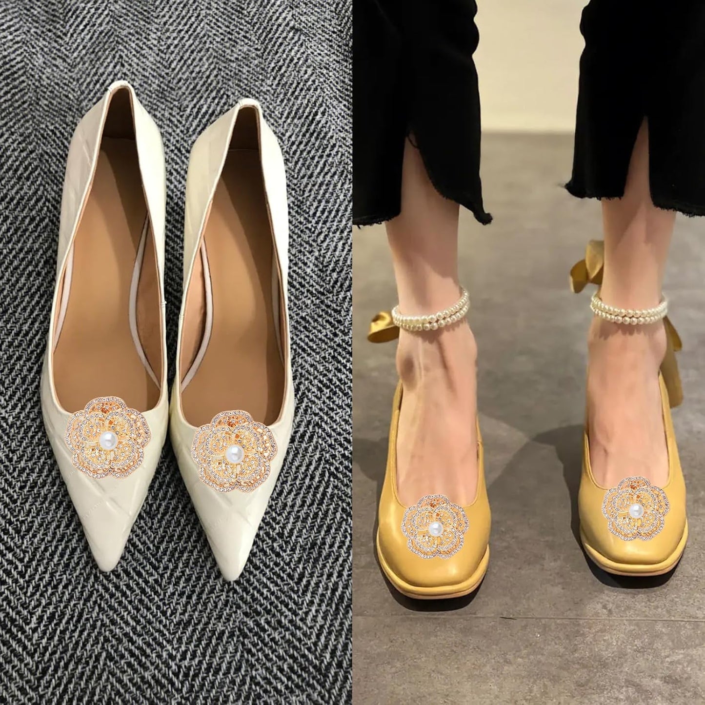 1 Pair Invisible High Heel Shoe Straps Transparent Triangle Shoe Belt Ankle Straps and 1 Pair Double-layer Pearl Flower Shoe Buckles for Women Lady Holding Loose High Heels