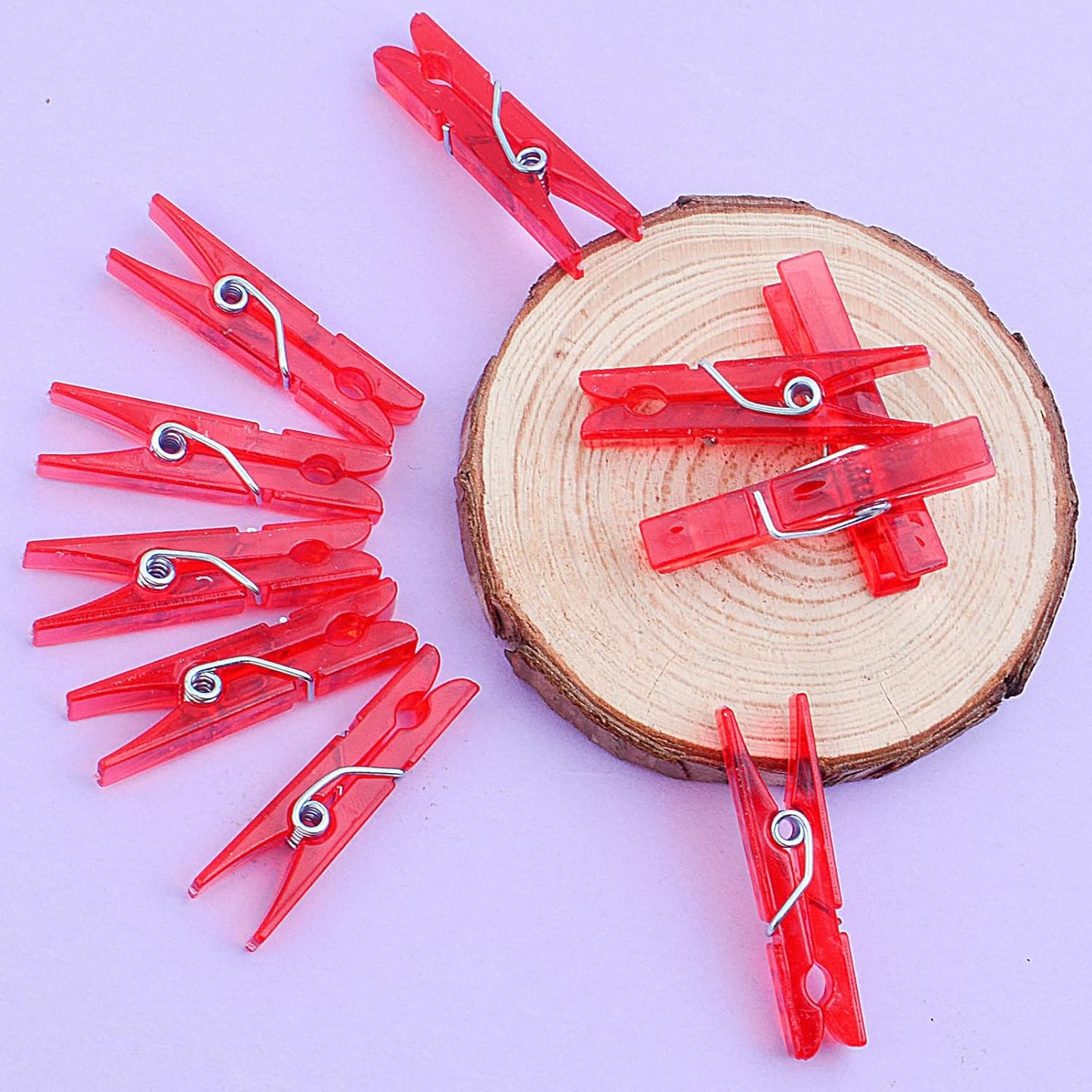 100 Pieces Clear Plastic Clothespins Mini Transparent Craft Clips Pictures Paper Peg Pins for Hanging Photos String Fairy Lights Wedding Party Decor, Red