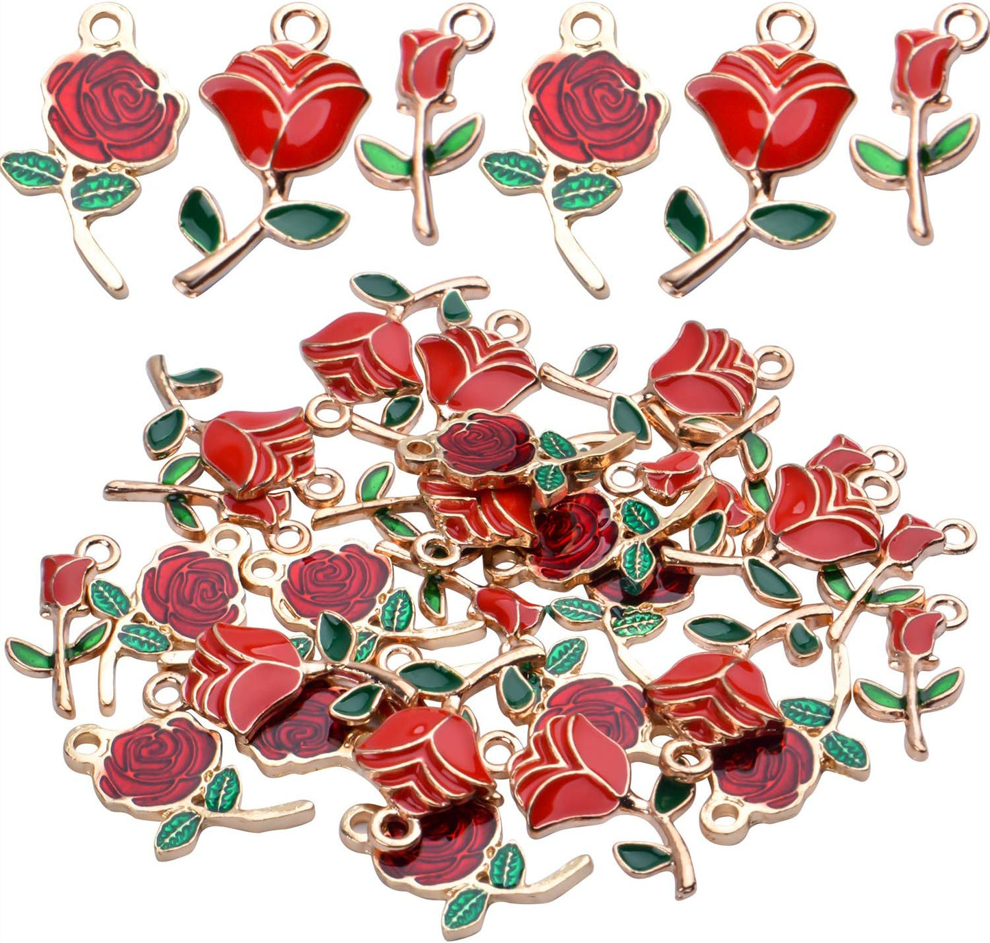 30pcs Enamel Rose Flower Charm Pendants Lovely Dangle Charms for Valentine's Day DIY Bracelet Necklace Earrings Jewelry Making, Red