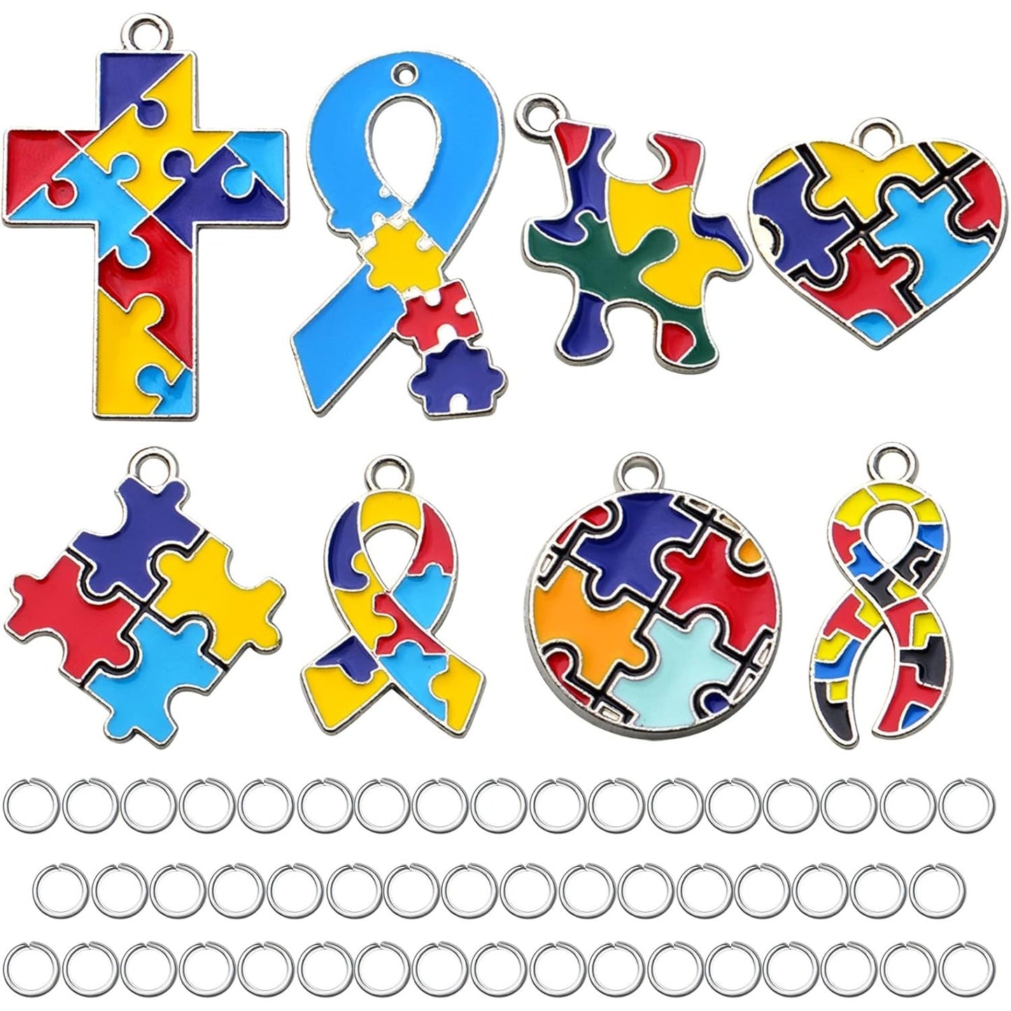 16pcs 8 Styles Autism Charms Mixed Jigsaw Puzzle Pendants Autistic Awareness Charms with 50pcs 5mm Open Jump Rings for DIY Crafts Necklace Bracelet Jewelry Making Supplies
