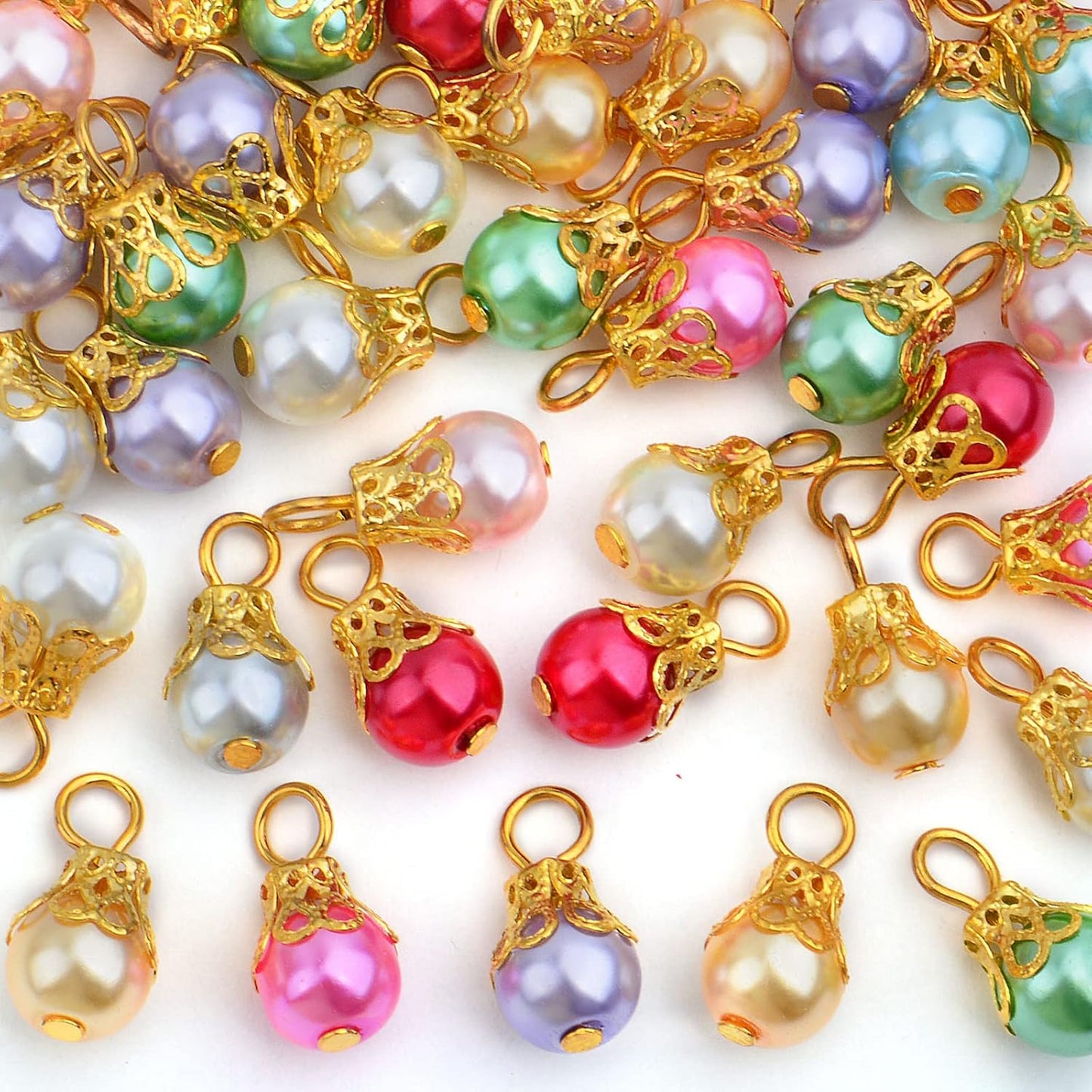 50pcs Imitation Pearl Dangle Charms Golden Filigree Flower Cap Drop Bead Pendants Jewelry Accessories for DIY Necklace Earrings Birthday Party Gifts, 10 Colors