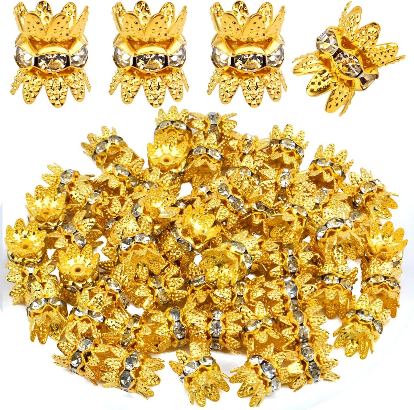 60PCS Double Flower Beads Caps with Rhinestone Petal Brass Bead Spacer Flower Caps Jewelry Making Accessories for Bracelet Necklace Earring