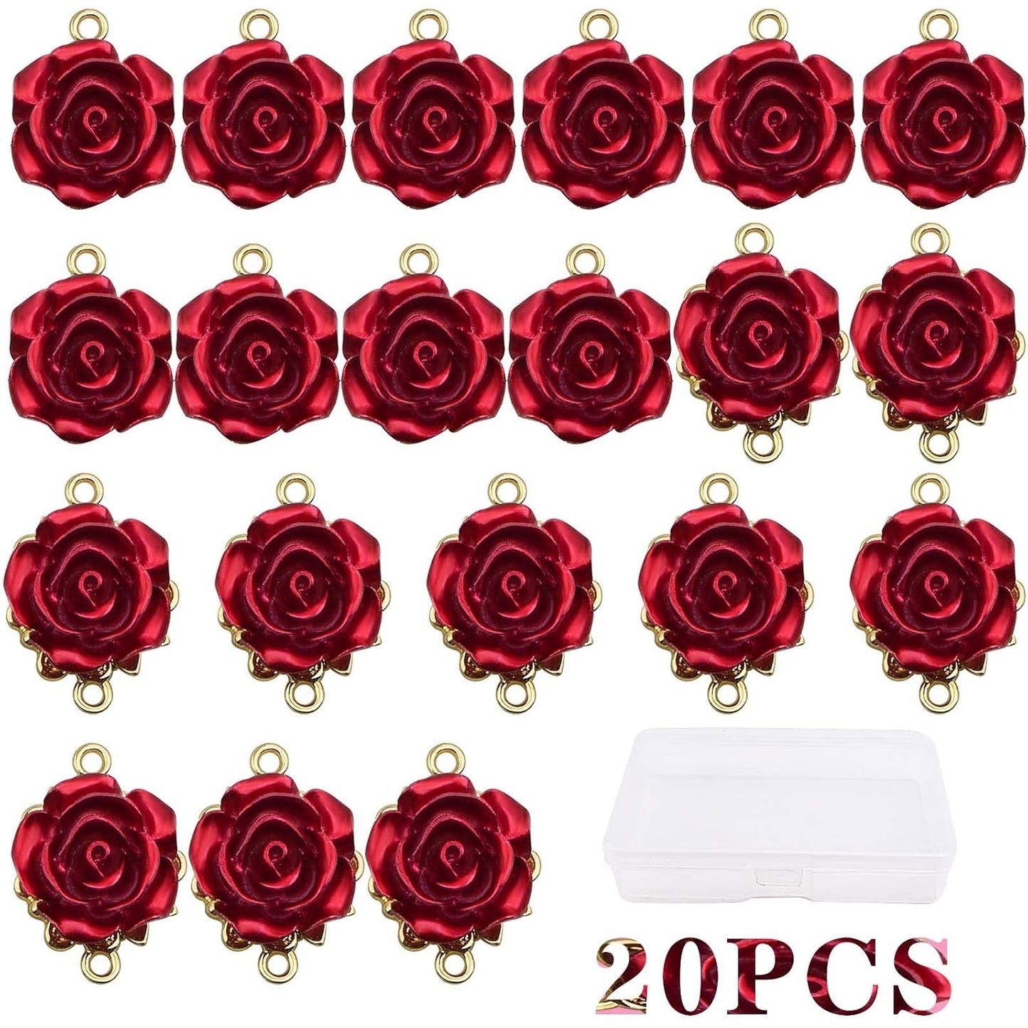 20pcs Enamel Red Rose Flower Charms Connectors Alloy Rose Flower Pendant Flower Dangle Charms Links Craft Supplies for DIY Jewelry Making Valentine's Gifts Decor, 2 Styles