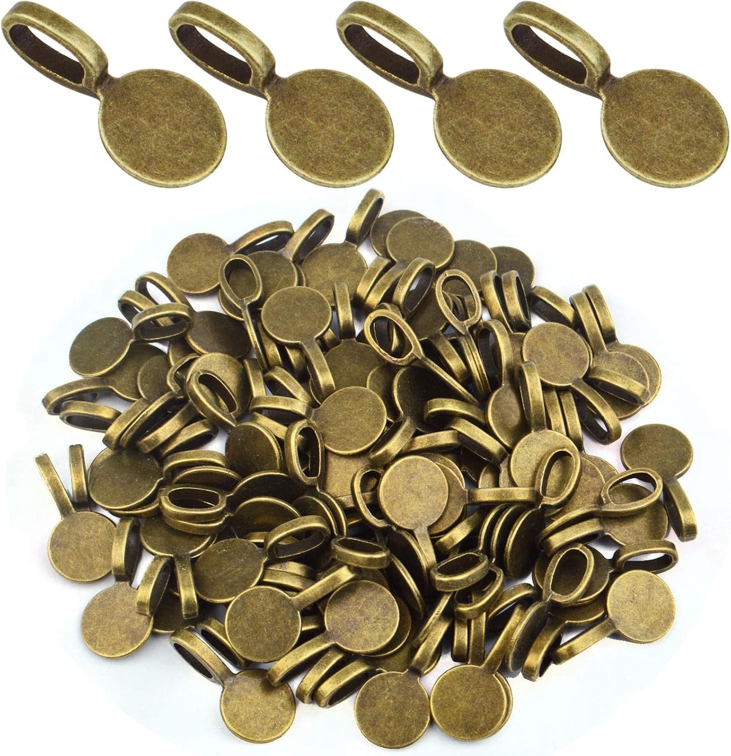 100pcs Silver Glue-on Flat Pad Bails Pendants Charms Connector Hanger for DIY Necklace Earrings Jewelry Making Accessories, 18 mm x 9 mm