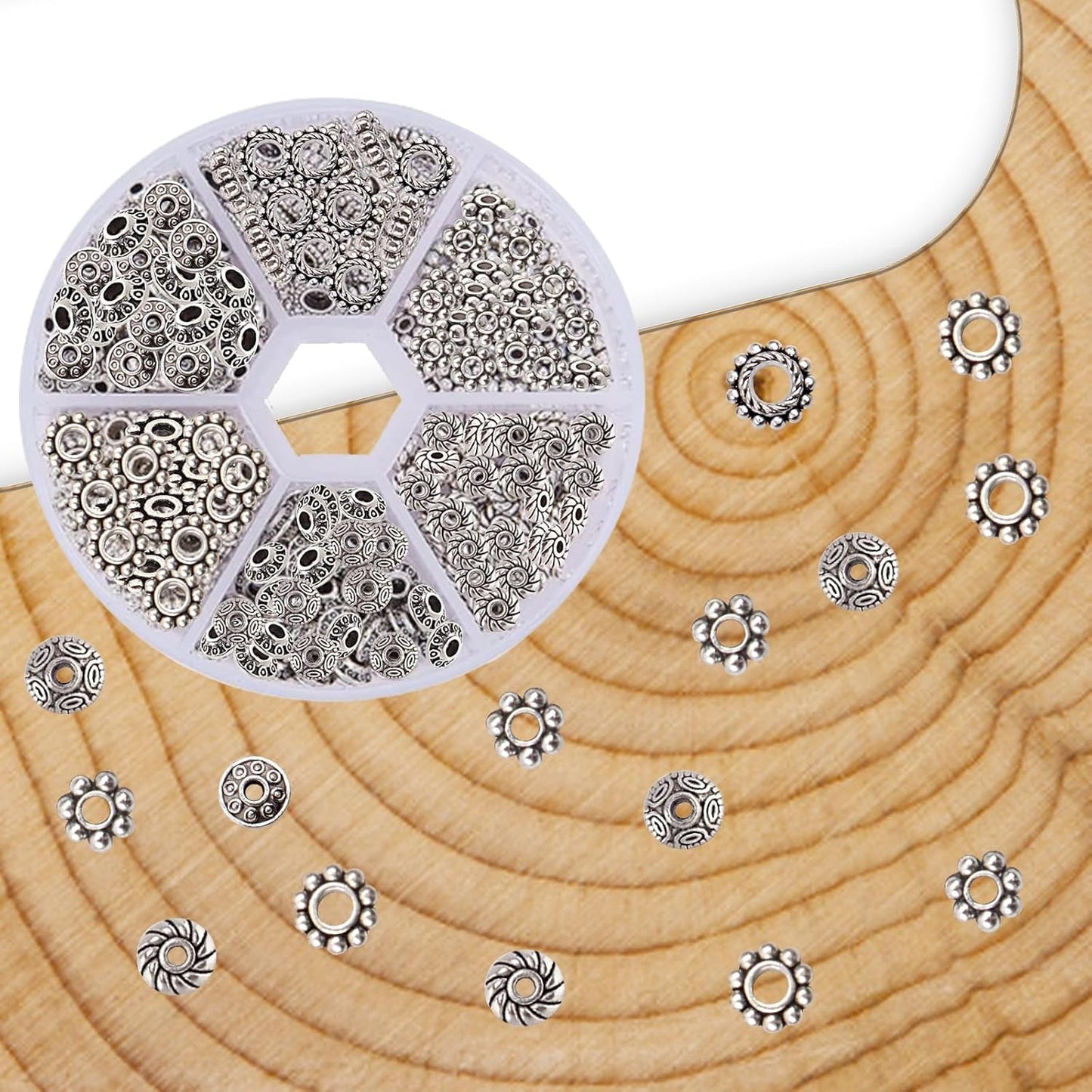 1 Box 300pcs 6 Styles Antique Silver Spacer Beads Tibetan Alloy Flower Charm Loose Bead Small Flat Round Rondelle Spacers Bulk for DIY Crafts Bracelets Earrings Jewelry Making