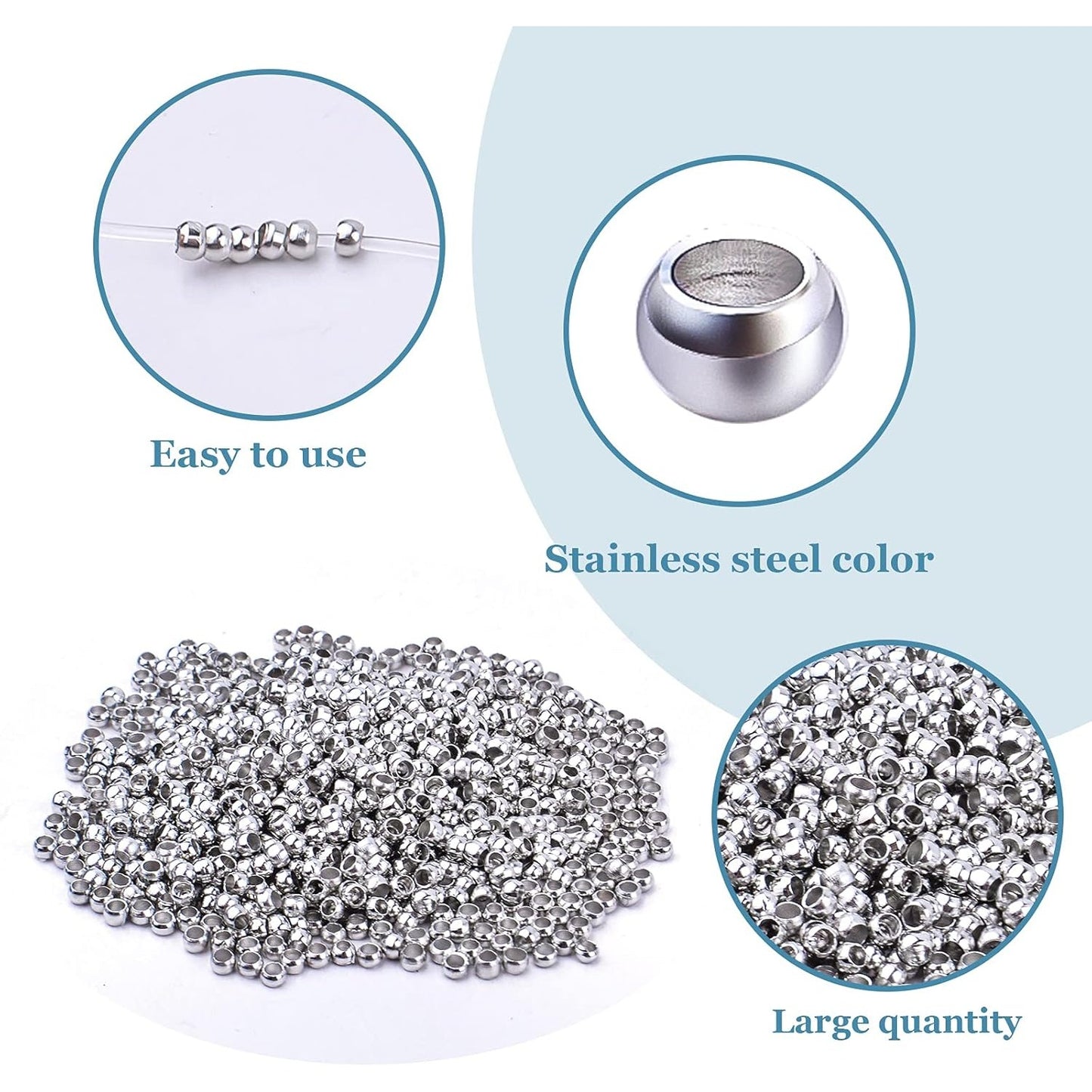 1000pcs 2mm Round Crimp Beads Stainless Steel Loose Spacer Stoppers Beads Ends Caps and 1pcs Plastic Box for Jewelry Making Bracelets Necklace, Hole : 1.6mm